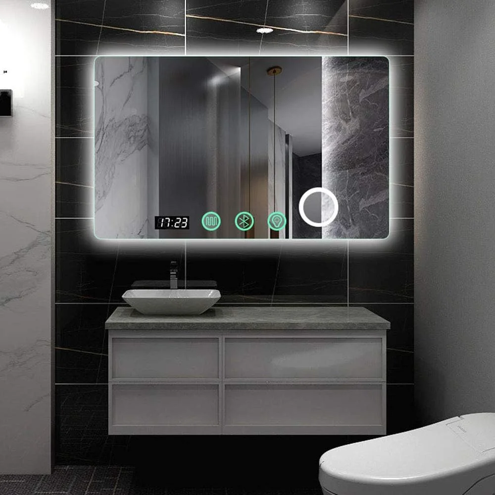 آینه حمام Zsmzbx، آینه آرایشی دیواری، آینه نورانی دیواری با نور LED و ویژگی های اضافی، آینه ضد مه قابل تنظیم نور دیواری، دارای استاندارد IP44، افقی، 70×90 سانتی متر