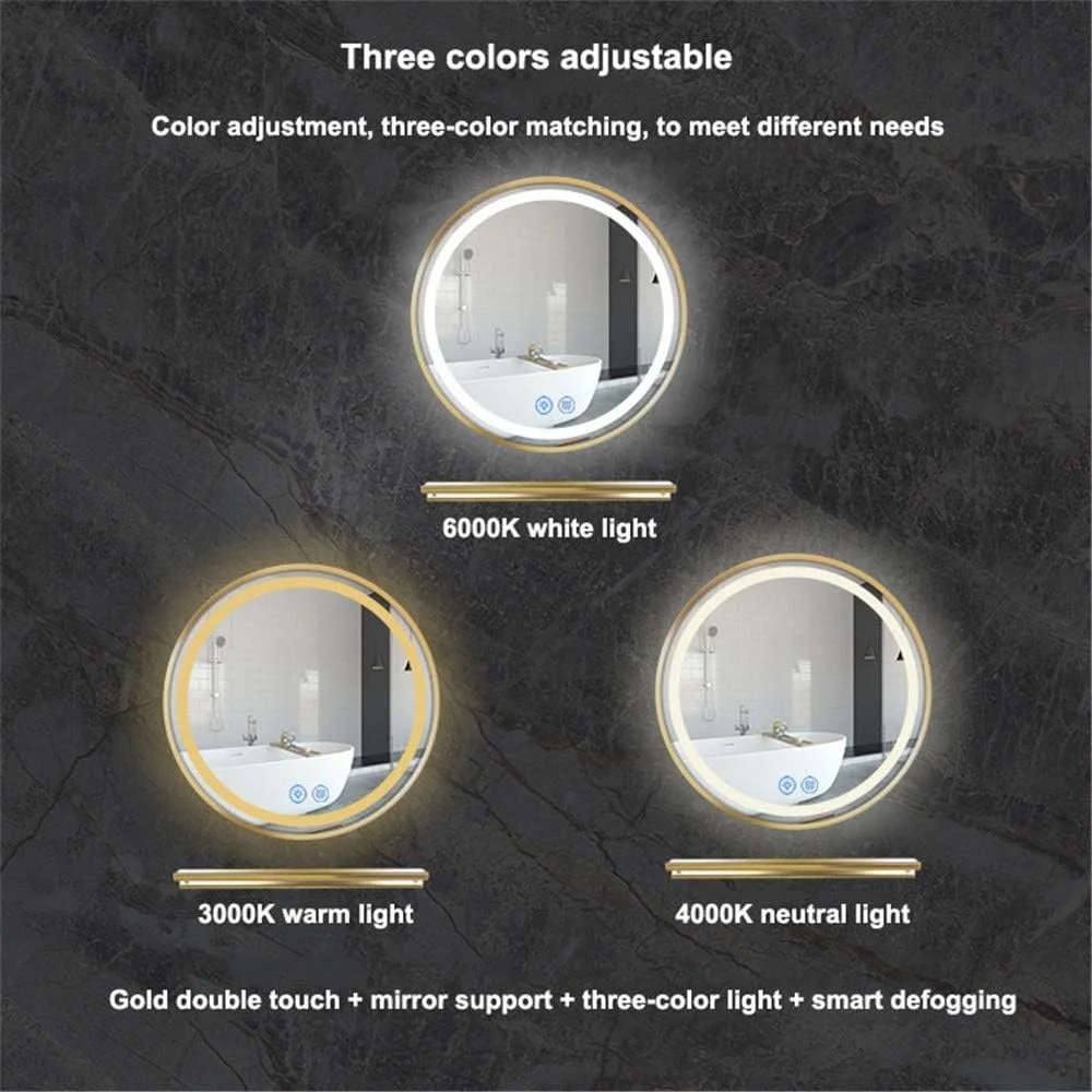 آینه گرد LED حمام Zsmzbx، آینه دیواری، آینه روشویی هوشمند LED ضد مه نورانی، تغییر دمای رنگ سوئیچ لمسی دیمر، با نگهدارنده آینه، IP44، طلایی، 50 سانتی متر