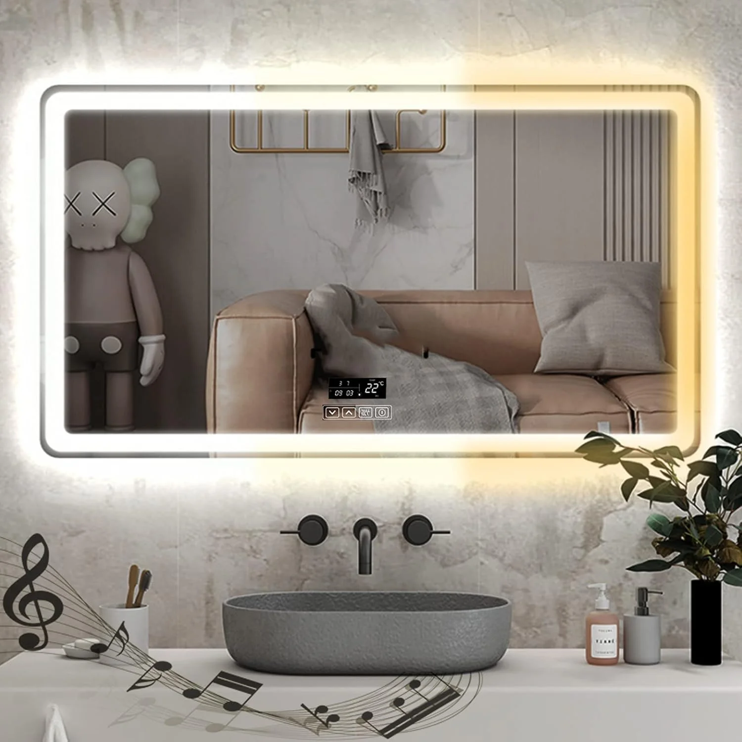 آینه حمام LED دیمردار ZRXRY با عملکرد بلوتوث، آینه آرایشی ضد بخار با دمای رنگ قابل تنظیم، آینه هوشمند ضد آب، 120cm*75cm