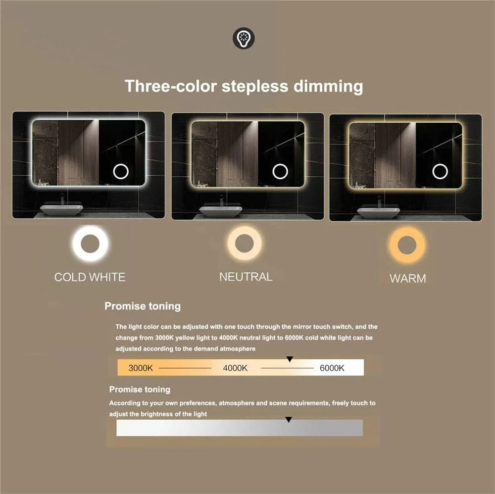 آینه حمام ال ای دی Zsmzbx، آینه آرایش دیواری، با ذره بین روشن، نور دیواری دیمر دار ضد مه دکمه حافظه، دارای استاندارد IP44، عمودی، 60×80 سانتی متر