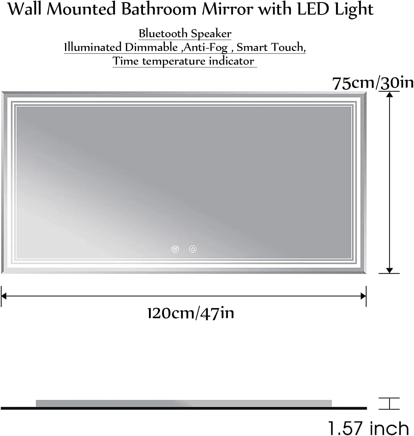آینه حمام LED دیمردار ZRXRY با عملکرد بلوتوث، آینه آرایشی ضد بخار با دمای رنگ قابل تنظیم، آینه هوشمند ضد آب، 120cm*75cm