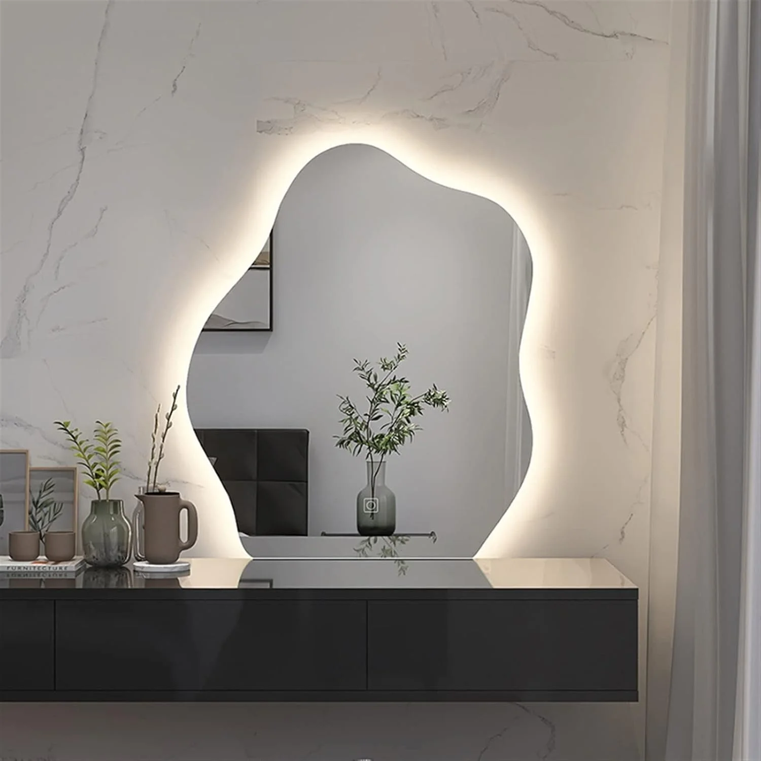 آینه ZKSKOX برای حمام، آینه برقی نامنظم شیشه ای حمام