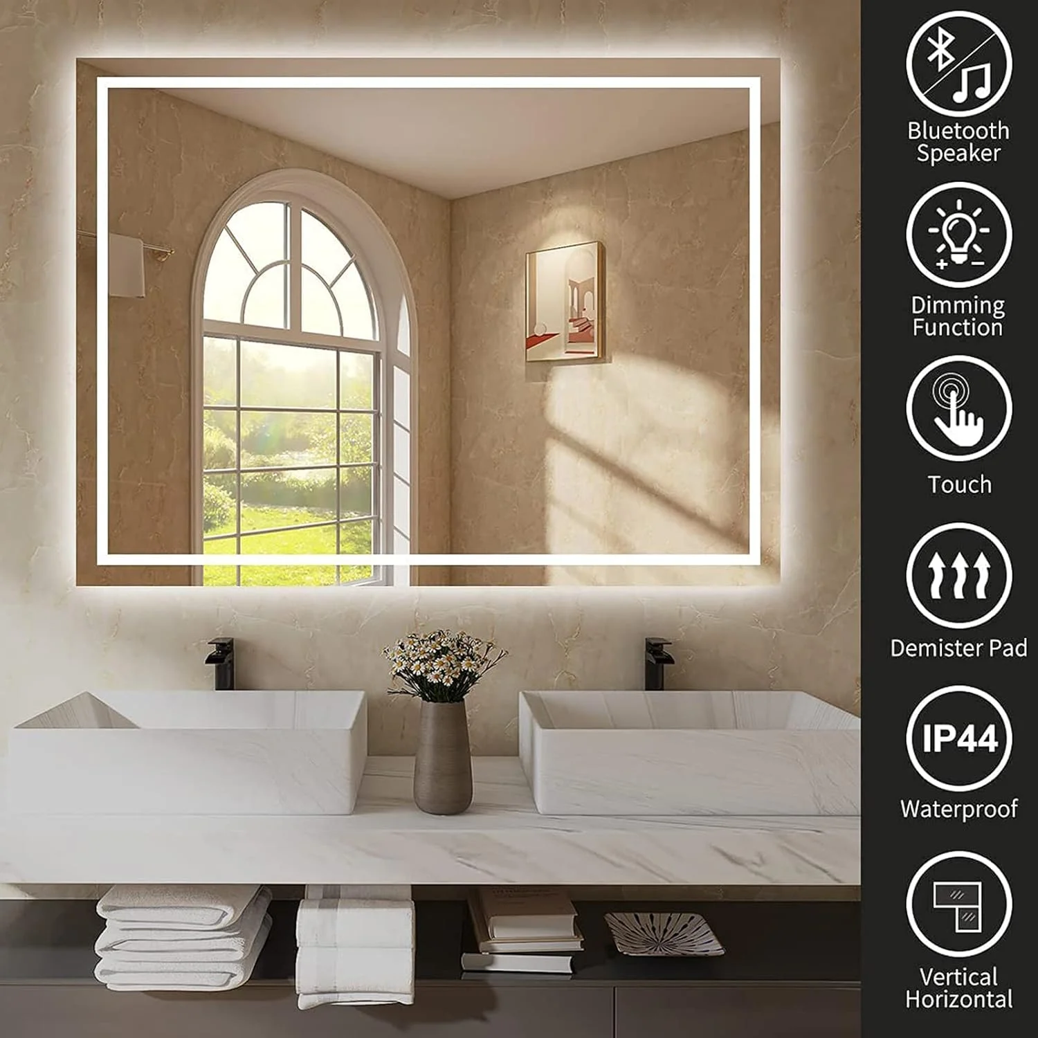 آینه حمام LED دیمردار ZRXRY با عملکرد بلوتوث، آینه آرایشی ضد بخار با دمای رنگ قابل تنظیم، آینه هوشمند ضد آب، 120cm*75cm