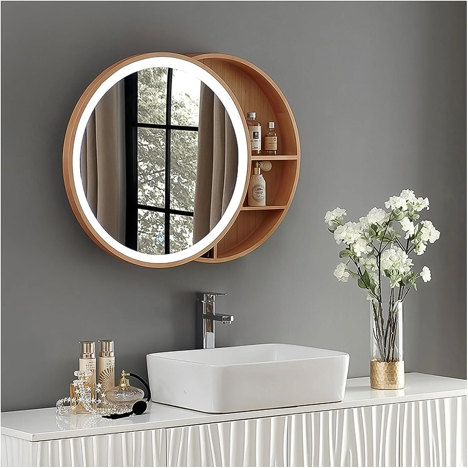 کابینت آینه گرد Zhsukva، کابینت آینه دار حمام، آینه ذخیره سازی، کابینت گرد برای حمام، اتاق خواب، اتاق نشیمن (طلایی، 60 سانتی متر)