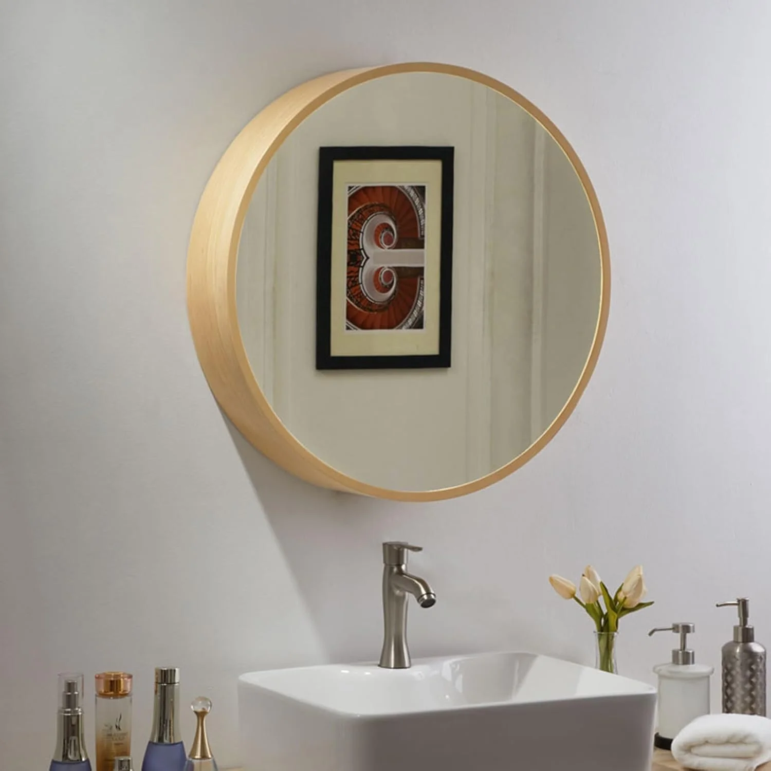 کابینت آینه گرد Zhsukva، کابینت آینه دار حمام، آینه ذخیره سازی، کابینت گرد برای حمام، اتاق خواب، اتاق نشیمن (طلایی، 60 سانتی متر)