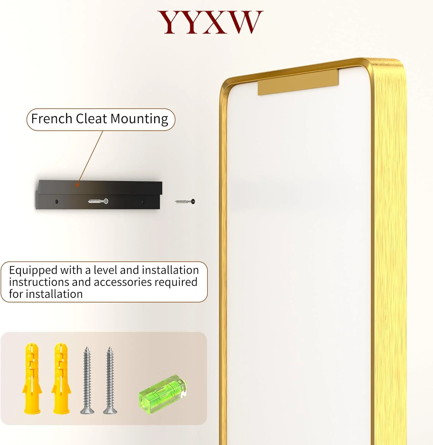 آینه حمام دیواری با قاب فلزی طلایی، 56x81 سانتی متر، آینه گرد مستطیلی، آینه روشویی مشکی مات، سبک خانه روستایی، قابلیت نصب افقی یا عمودی