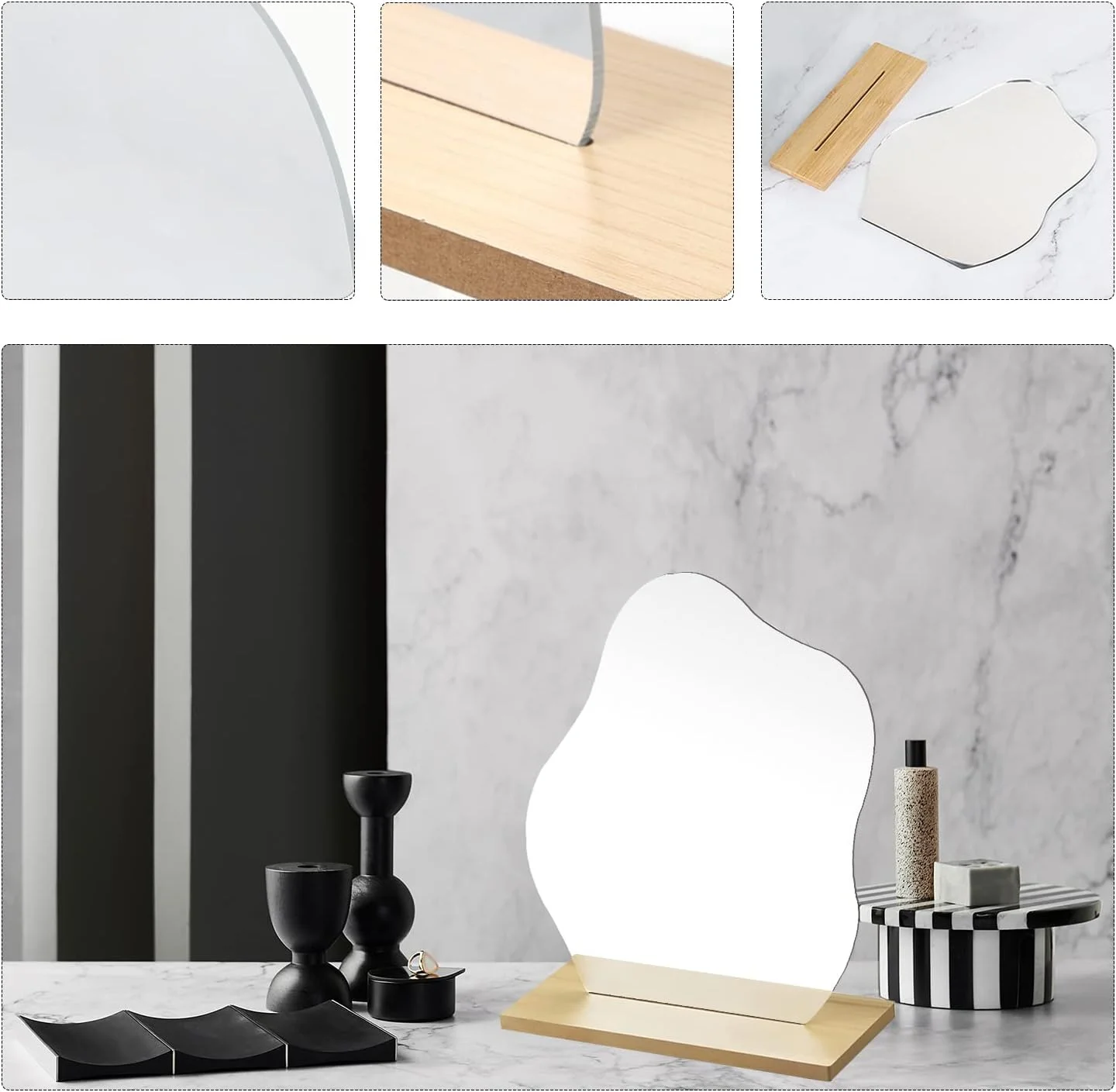 آینه آرایشی اکرلیک ZHIQIN بدون قاب، آینه رومیزی تزئینی با پایه چوبی، آینه رومیزی نامنظم و زیبا برای اتاق خواب، خانه و دکور اتاق - طرح ابر