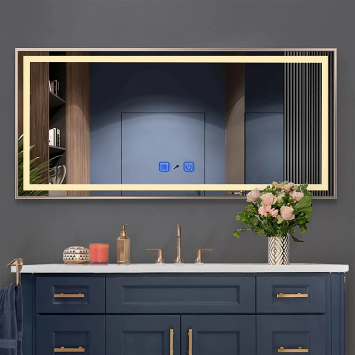 آینه حمام YYVVBBF قاب طلایی هوشمند آینه حمام نور آویز مستطیلی آینه حمام زیبا لوازم داخلی سفارشی