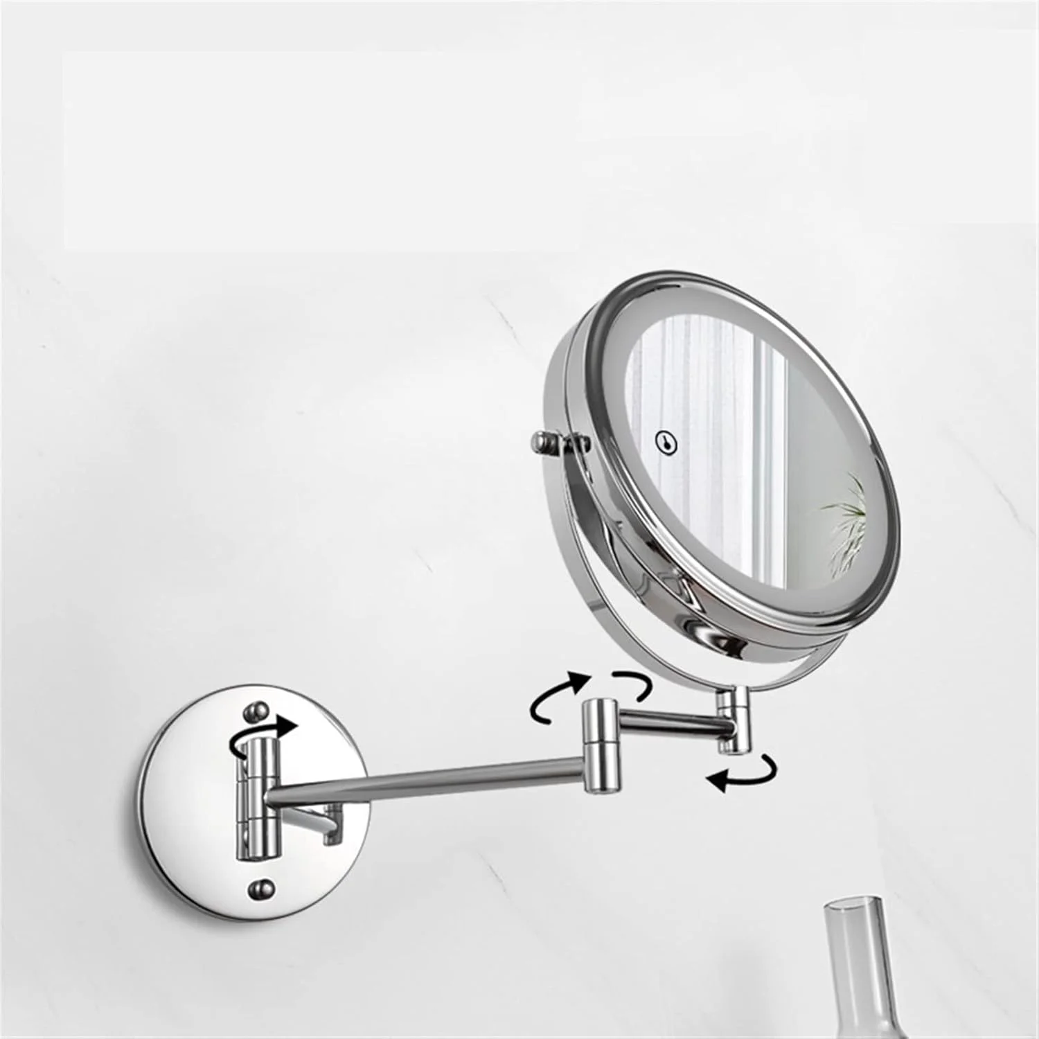 آینه حمام YYVVBBF، آینه تاشو با بازوی متحرک، دو طرفه با نور LED قابل تنظیم و روشن، آینه آرایشی دیواری با بزرگنمایی