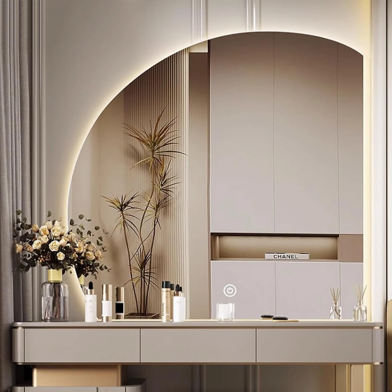 آینه نیم دایره ای حمام YVYKFZD، آینه دیواری LED دار، آینه روشویی بدون قاب ضد مه، آینه تزئینی بزرگ با نور پس زمینه نامنظم، کلید لمسی هوشمند (برش زیر سمت راست، 70 سانتی متر / 28 اینچ)