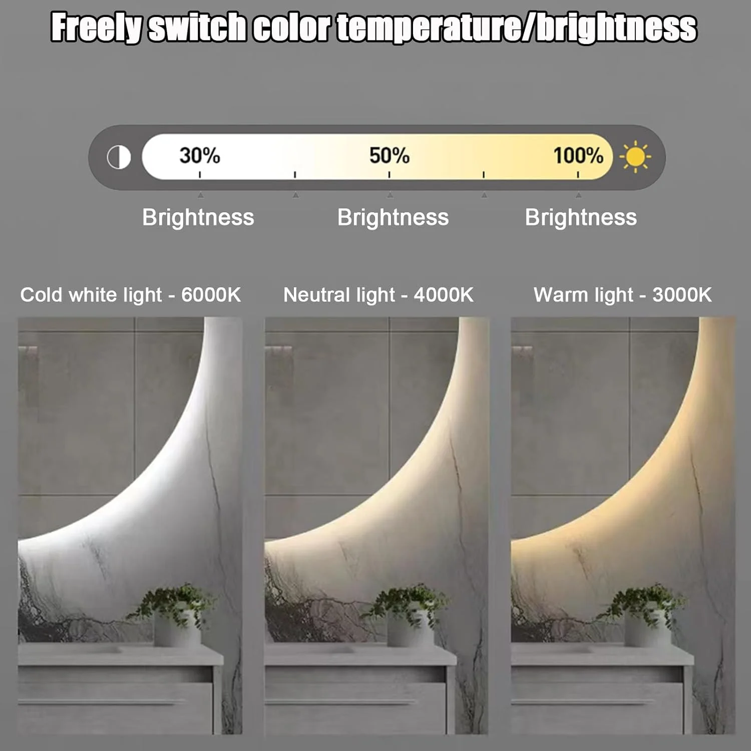 آینه نیم دایره ای حمام YVYKFZD، آینه دیواری LED دار، آینه روشویی بدون قاب ضد مه، آینه تزئینی بزرگ با نور پس زمینه نامنظم، کلید لمسی هوشمند (برش زیر سمت راست، 70 سانتی متر / 28 اینچ)