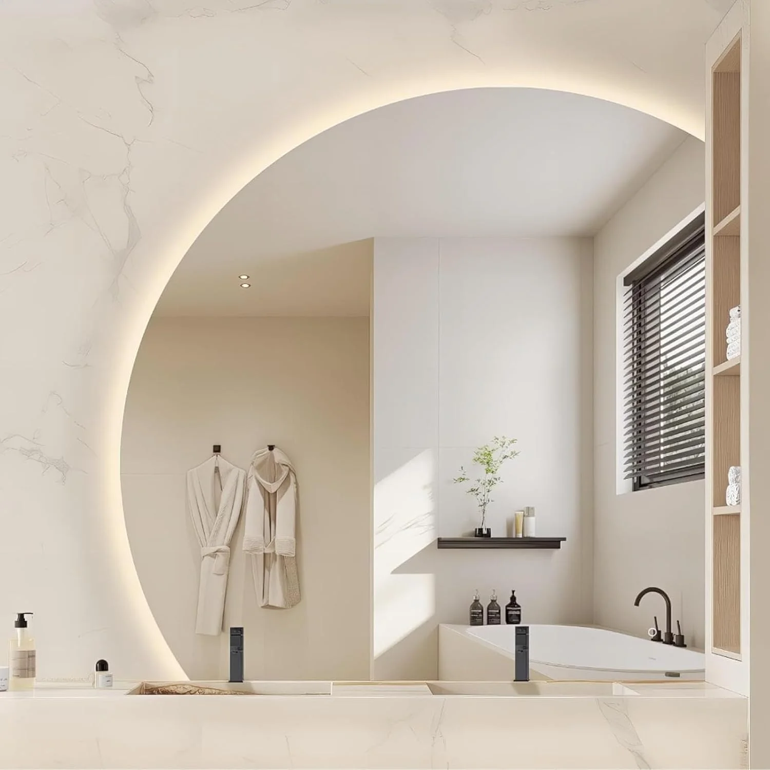 آینه حمام LED نیم دایره YVYKFZD، آینه روشویی نامنظم نورانی، آینه دیواری نیمه ماه ضد مه، آینه تزئینی بدون قاب با نور پس زمینه، کلید لمسی (برش زیر سمت راست، 110cm/44")