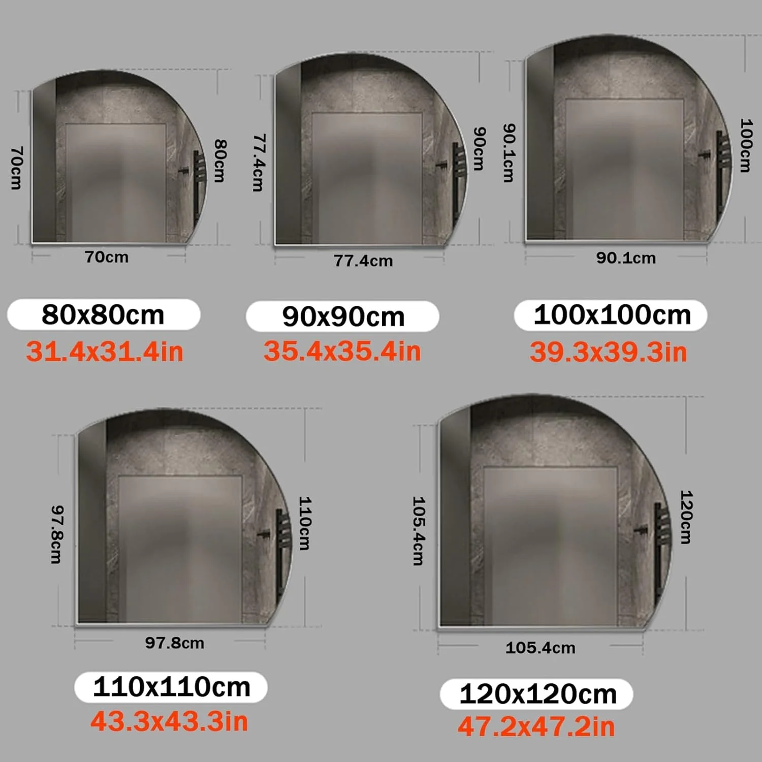 آینه نیم دایره ای حمام YVYKFZD، آینه آویز روشویی، آینه دیواری LED نامنظم ضد مه و نورپردازی شده، آینه قدی تزئینی با قابلیت تنظیم نور در 3 رنگ (رنگ: L، سایز: 44 اینچ/110 سانتی متر)