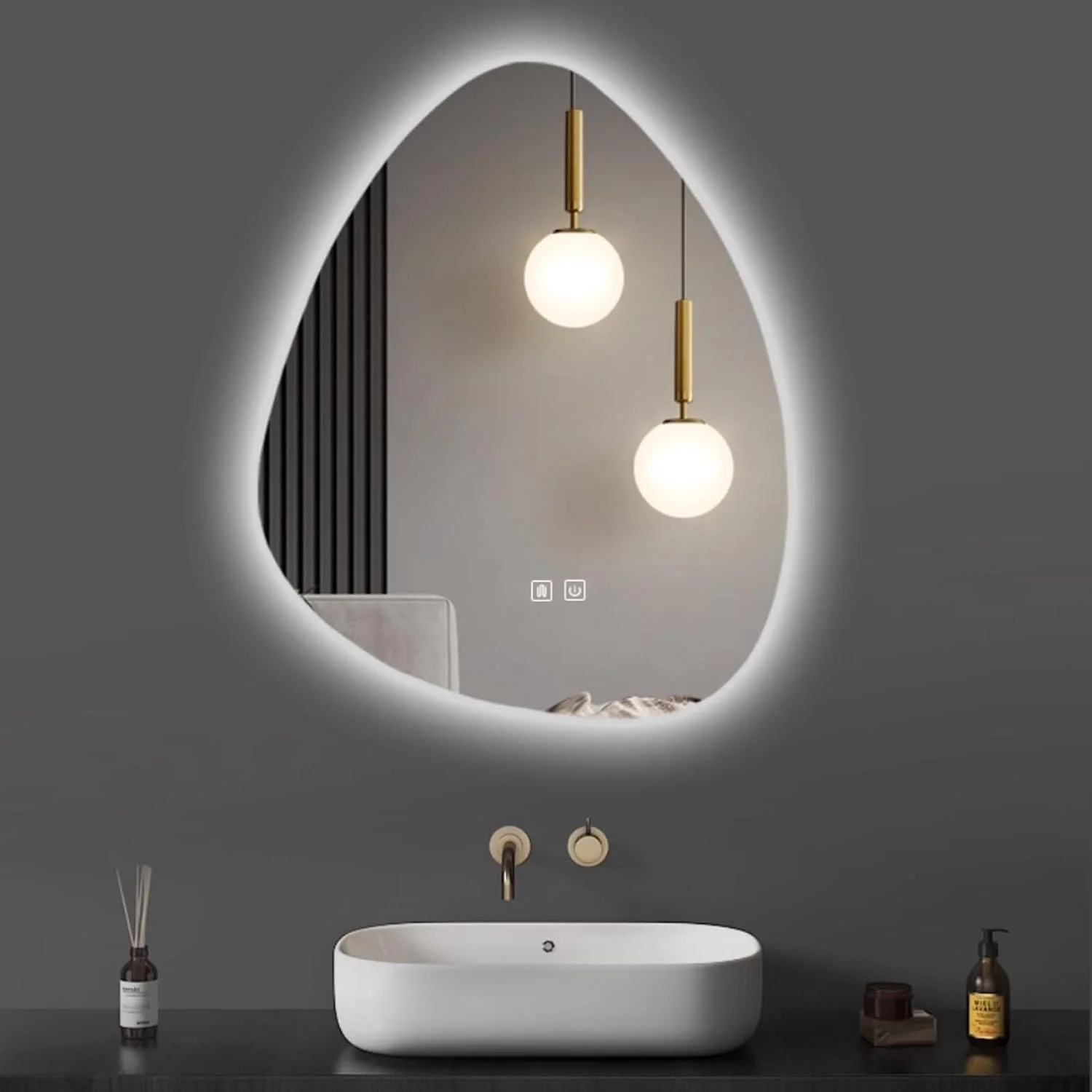 آینه حمام قطره‌ای شکل YVYKFZD، آینه دیواری LED نامنظم، آینه روشویی بدون قاب ضد مه، آینه تزئینی هوشمند با نور سه رنگ قابل تنظیم (مثبت، 50x70 سانتی متر / 19.6"x27.5")