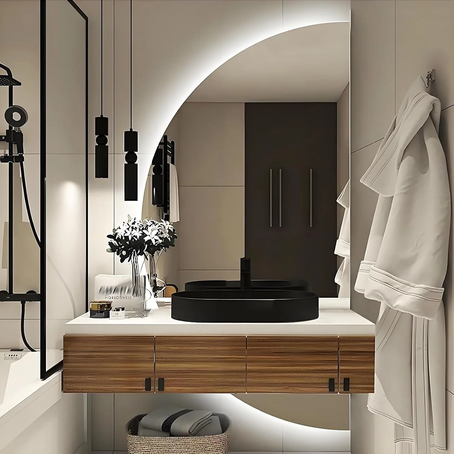 آینه نیم دایره ای حمام YVYKFZD، آینه آرایشی با قابلیت تنظیم نور در 3 رنگ، آینه دیواری نیمه ماه ضد مه، آینه تزئینی LED هوشمند بدون قاب، مناسب برای اتاق خواب، اتاق نشیمن، ورودی (برش راست، 45x90 سانتی متر / 17.7"x3