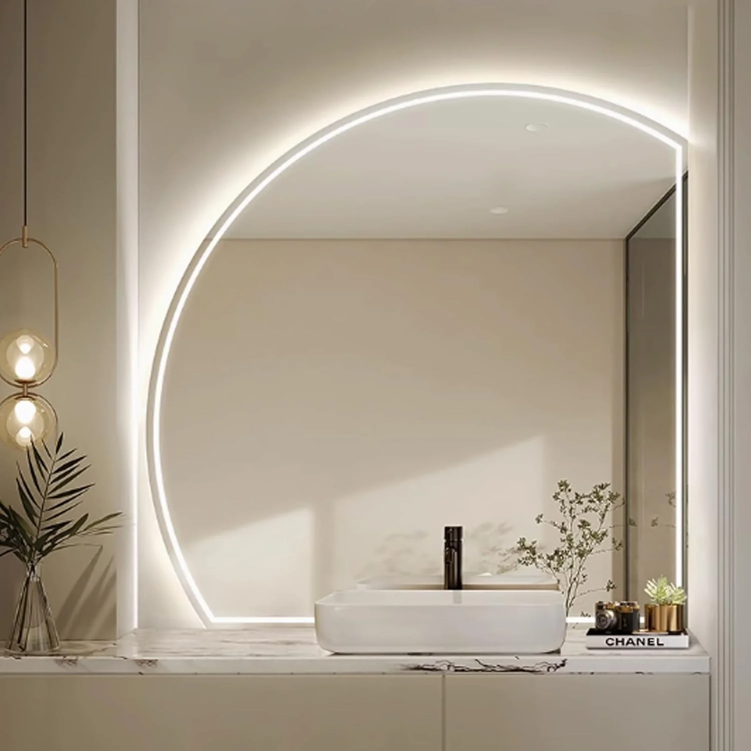 آینه نیم دایره ای حمام YVYKFZD، آینه روشویی LED بدون قاب، آینه دیواری نیمه ماه ضد مه، آینه تزئینی با قابلیت تنظیم نور در 3 رنگ، کلید لمسی (برش زیر سمت راست، 70 سانتی متر / 28 اینچ)