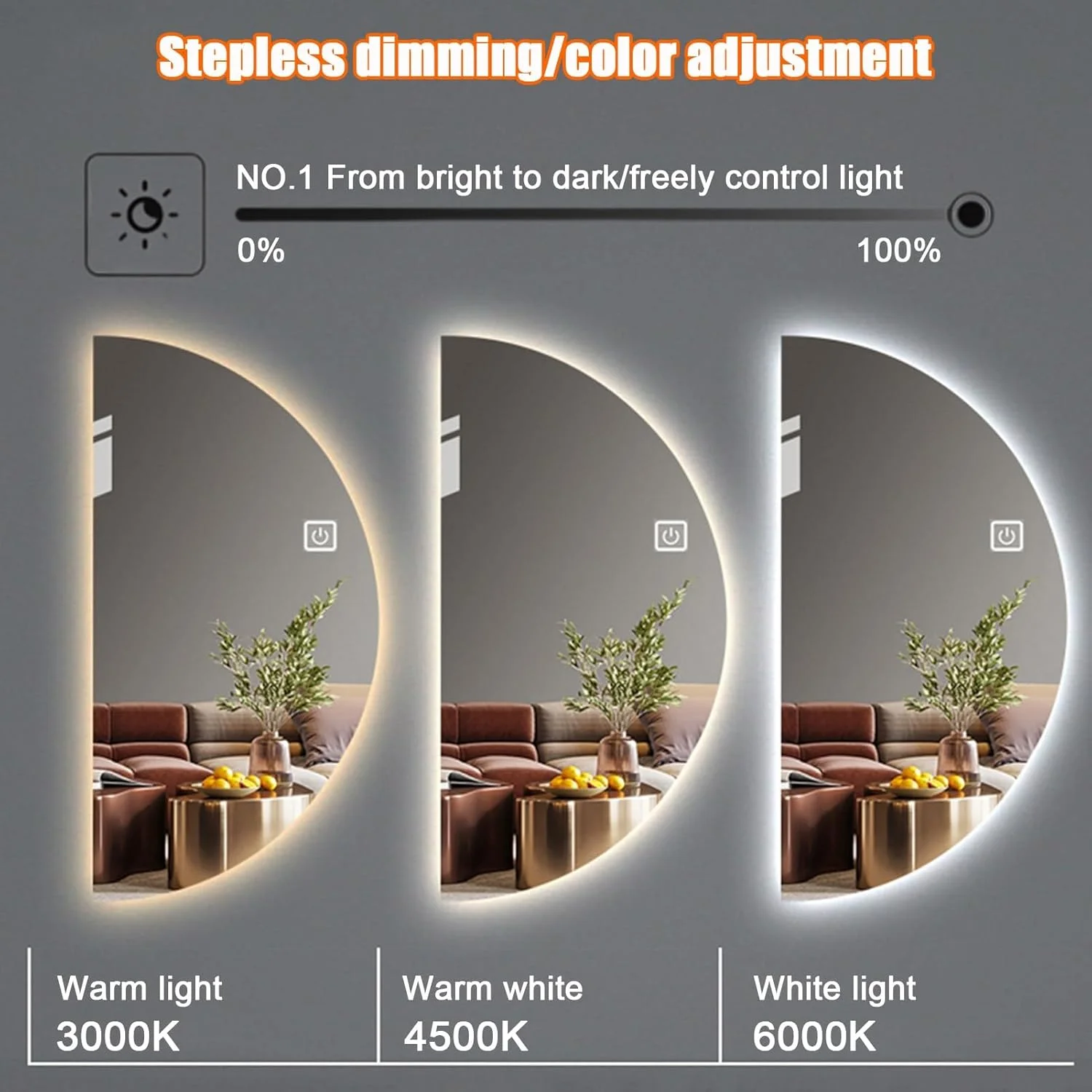 آینه نیم دایره ای حمام YVYKFZD، آینه آرایشی با قابلیت تنظیم نور در 3 رنگ، آینه دیواری نیمه ماه ضد مه، آینه تزئینی LED هوشمند بدون قاب، مناسب برای اتاق خواب، اتاق نشیمن، ورودی (برش راست، 45x90 سانتی متر / 17.7"x3