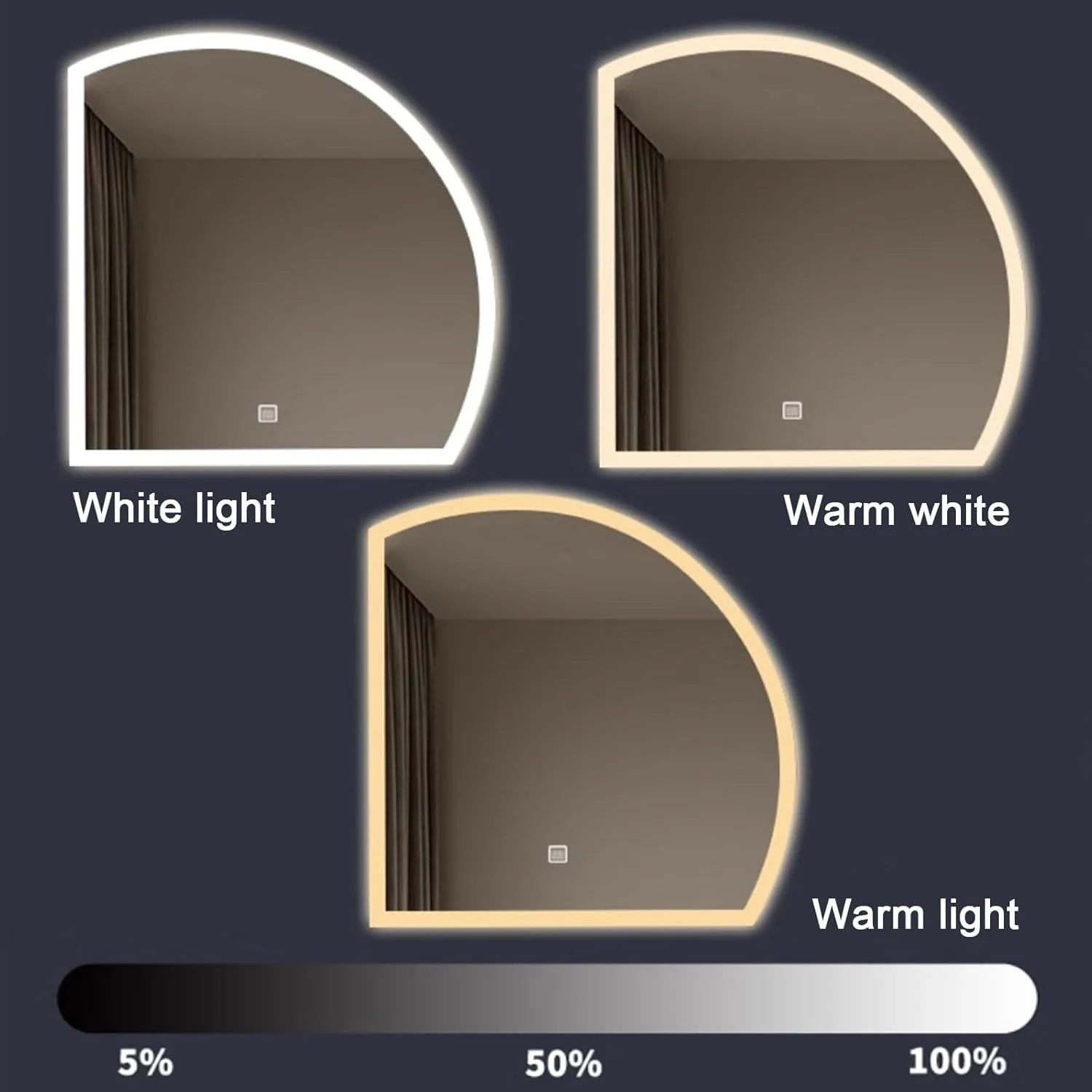 آینه نیم دایره ای حمام YVYKFZD، آینه روشویی LED بدون قاب، آینه دیواری نیمه ماه ضد مه، آینه تزئینی با قابلیت تنظیم نور در 3 رنگ، کلید لمسی (برش زیر سمت راست، 70 سانتی متر / 28 اینچ)