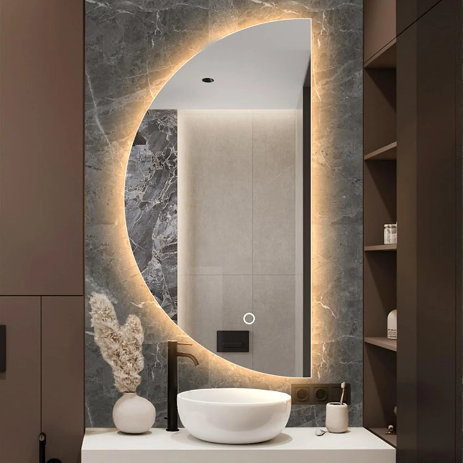 آینه حمام نیم دایره YVYKFZD، آینه روشویی LED با نور پس زمینه، آینه دیواری نامنظم نیمه ماه آویز، آینه تمام قد ضد مه (رنگ: برش راست، اندازه: 35x)