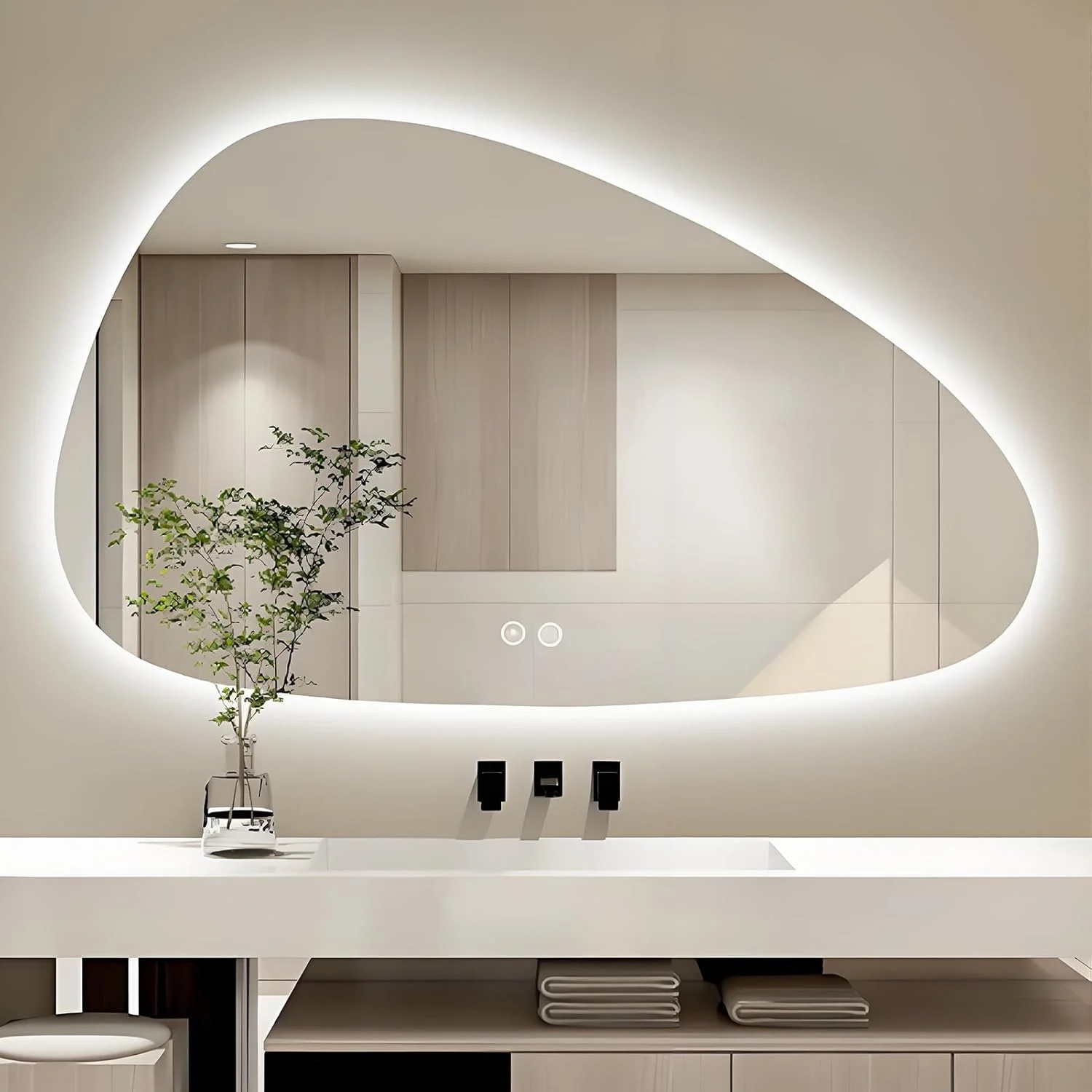 آینه حمام نامنظم YVYKFZD، آینه دیواری روشنایی ضد مه، آینه بزرگ آرایشی با 3 رنگ نور LED، آینه تزئینی بدون قاب با نور پس زمینه، کلید لمسی (60x80 سانتی متر / 23.6 "x31.4")