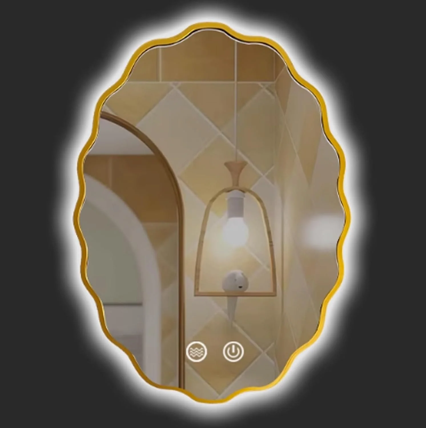 آینه حمام نامنظم YVYKFZD، آینه دیواری LED با نور پس زمینه، آینه آرایشی ضد مه هوشمند، آینه تزئینی با قاب MDF، عملکرد کم نور سه رنگ (طلایی، 60x90 سانتی متر / 23.6 "x35.4")