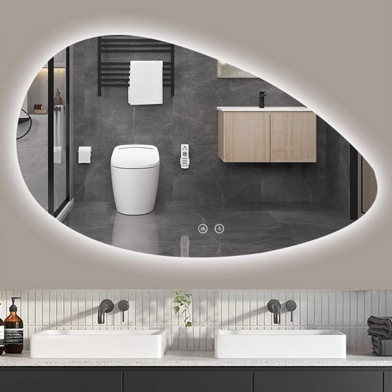 آینه حمام طرح قطره اشک YVYKFZD، آینه دیواری بزرگ ضد بخار، آینه آرایشی LED با نور پس زمینه نامنظم، آینه تزئینی بدون قاب با نورپردازی، کلید لمسی (75x140 سانتی متر / 29.5"x55.1")