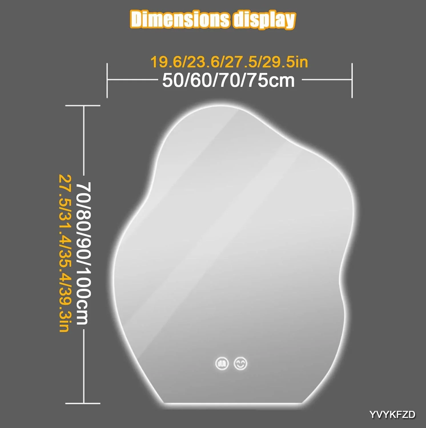 آینه حمام طرح ابر YVYKFZD، آینه روشویی LED دیواری، آینه دیواری نامنظم نورانی، آینه تزئینی ضد مه هوشمند، کلید لمسی (نور پس زمینه، 60x80 سانتی متر / 23.6"x31.4")