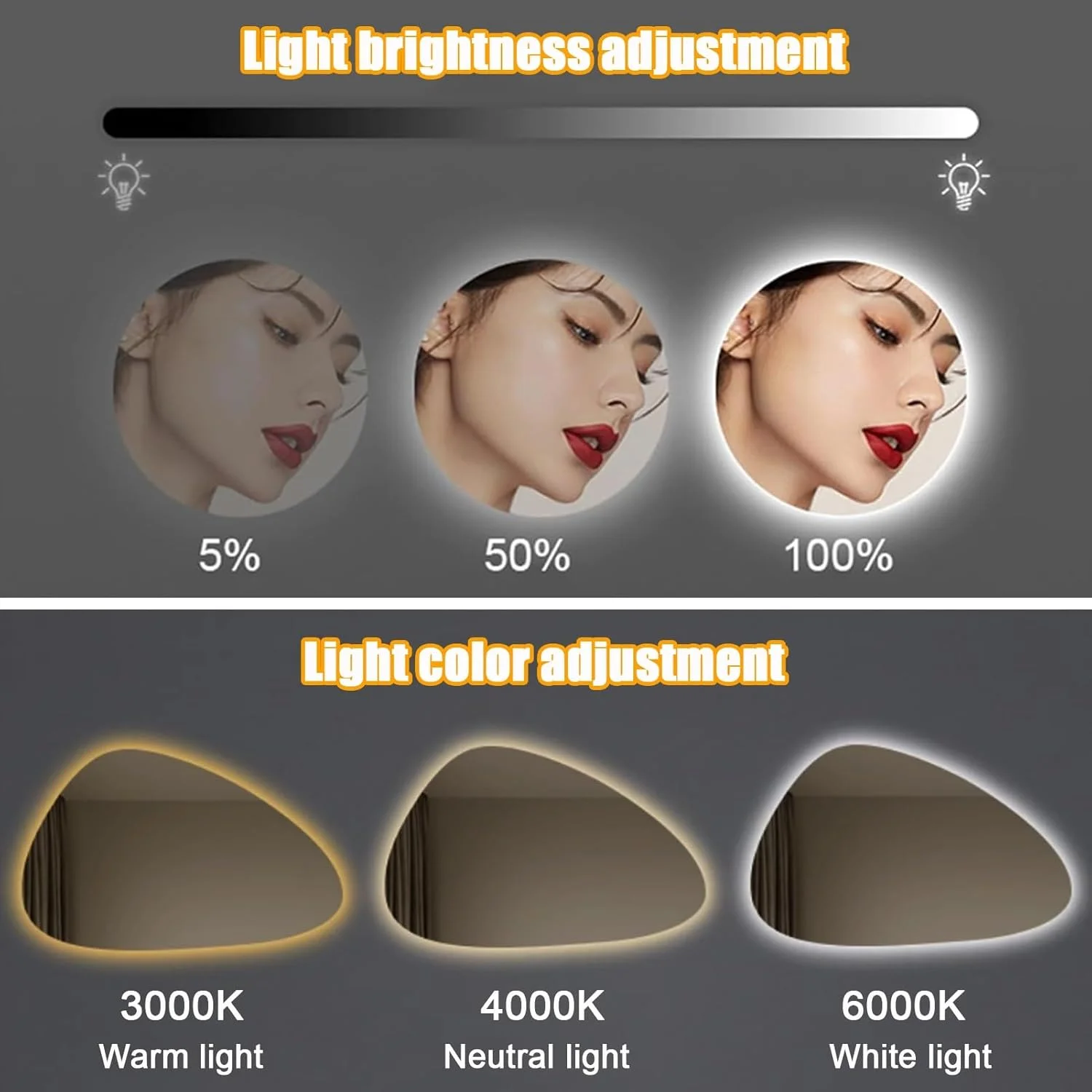 آینه حمام LED نامنظم YVYKFZD، آینه دیواری ضد مه با نورپردازی، آینه آرایشی نامتقارن بزرگ، آینه تزئینی بدون قاب با نور پس زمینه، عملکرد کم نور شونده 3 رنگ (75x120 سانتی متر / 29.5"x47.2")