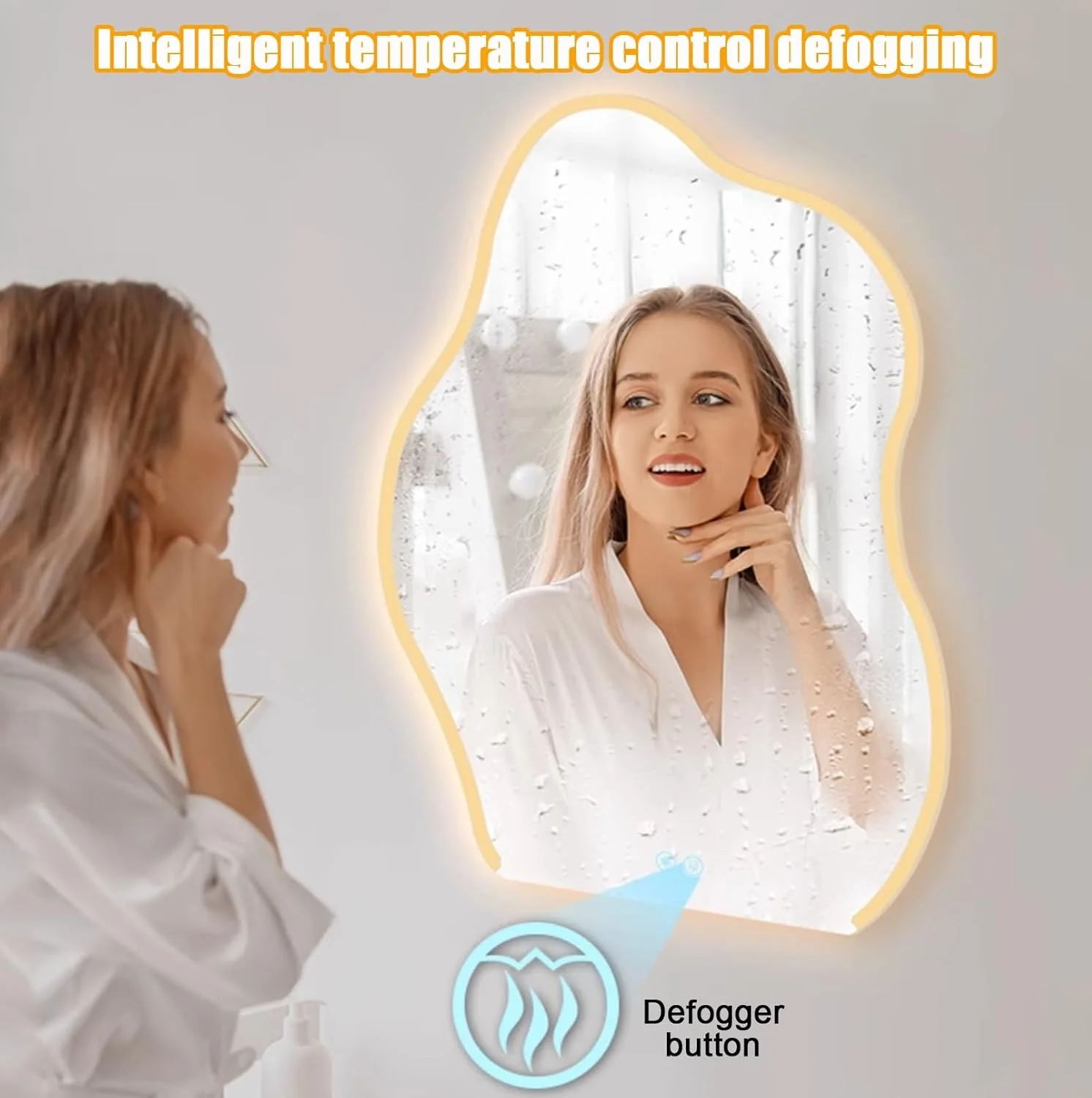 آینه حمام طرح ابر YVYKFZD، آینه روشویی LED دیواری، آینه دیواری نامنظم نورانی، آینه تزئینی ضد مه هوشمند، کلید لمسی (نور پس زمینه، 60x80 سانتی متر / 23.6"x31.4")