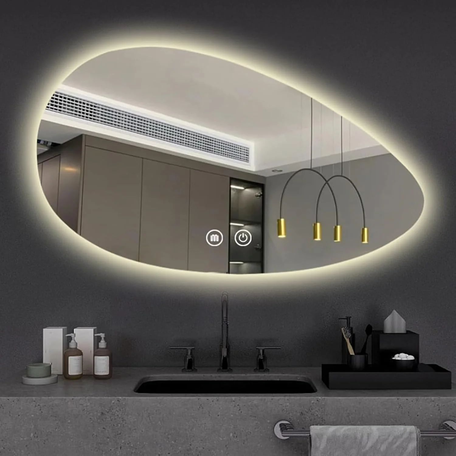 YVYKFZD Irregular Large Bathroom Mirror, Teardrop Shape LED Wall Mirror, Frameless Anti-Fog Vanity Mirror, Smart Backlit Decorative Mirror, 3 Colors Dimmable Function(75x150cm/29.5"x59.0")