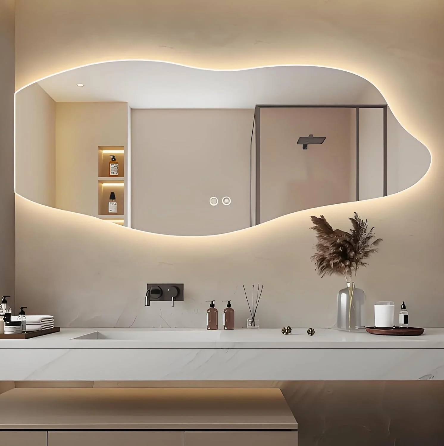 آینه حمام LED نامنظم YVYKFZD، آینه دیواری روشنایی نامتقارن، آینه روشویی ضد مه هوشمند، آینه تزئینی بدون قاب با نور پس زمینه، ضد آب IP44 (برش سمت چپ، 150x60 سانتی متر / 59.0"x23.6")