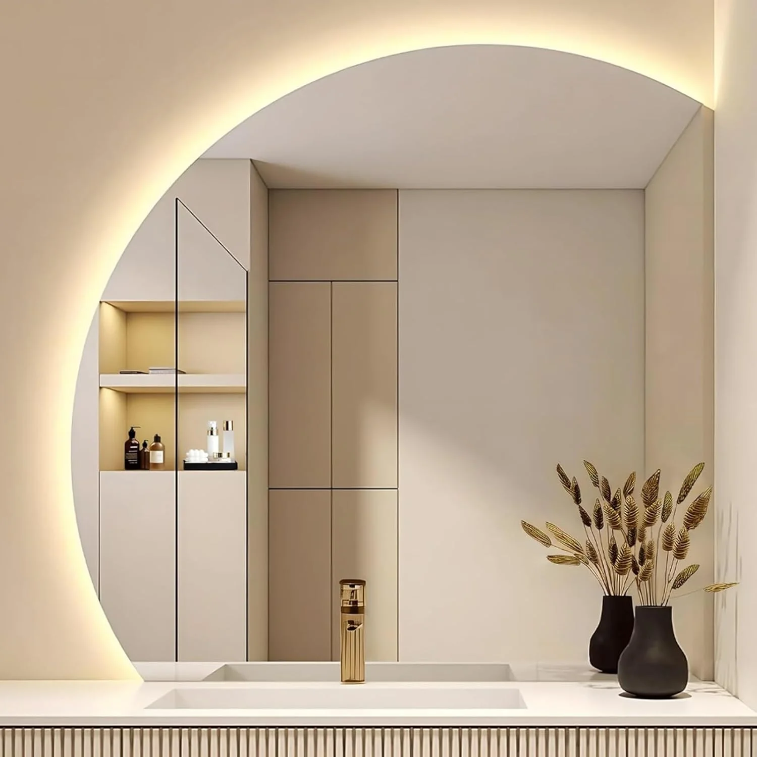 آینه حمام LED روشن YVYKFZD، آینه روشویی بدون قاب نیمه ماه، آینه دیواری ضد مه نیم دایره، آینه تزئینی با نور 3 رنگ، کلید لمسی (برش زیر سمت راست، 70 سانتی متر / 28 اینچ)