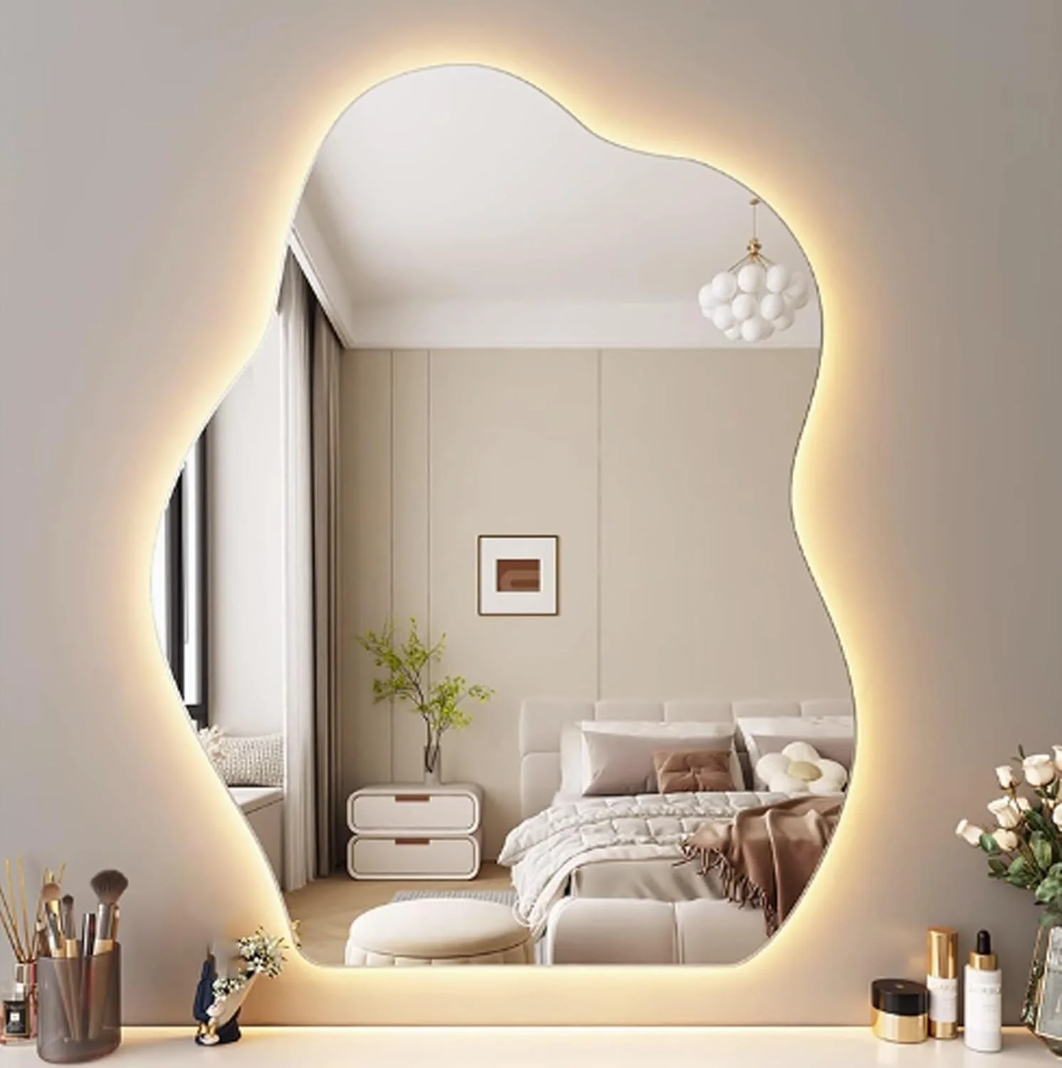 آینه حمام طرح ابر YVYKFZD، آینه دیواری LED با نورپردازی، آینه آرایشی نامنظم با قابلیت تنظیم نور در 3 رنگ، آینه تزئینی بزرگ ضد مه، ضد آب IP44 (نور جلو، 75x100 سانتی متر)