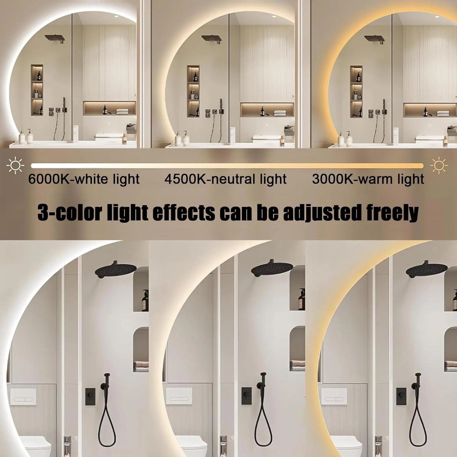 آینه حمام LED نیمه ماه YVYKFZD، آینه روشویی هوشمند نورانی، آینه دیواری بزرگ نیم دایره، آینه تزئینی با نور پس زمینه ضد مه، عملکرد کم نور شونده 3 رنگ (برش زیر سمت چپ، 70 سانتی متر / 28 اینچ)