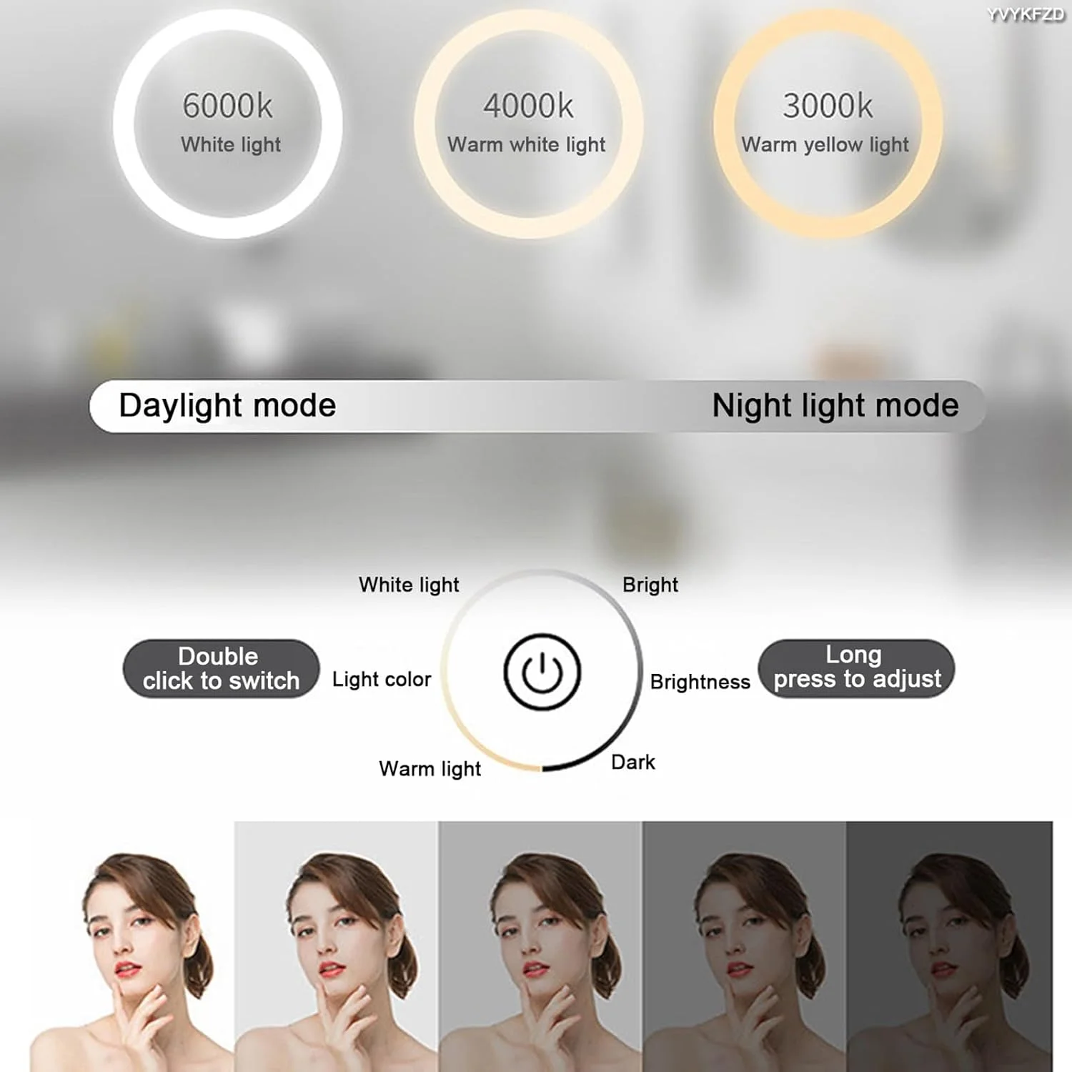 آینه حمام LED با نور پس زمینه YVYKFZD، آینه دیواری بزرگ با شکل ابر نامنظم، آینه روشویی دیواری ضد انفجار با قابلیت تنظیم نور در 3 رنگ، با عملکرد ضد بخار (رنگ: B، اندازه: 110x70cm/43.