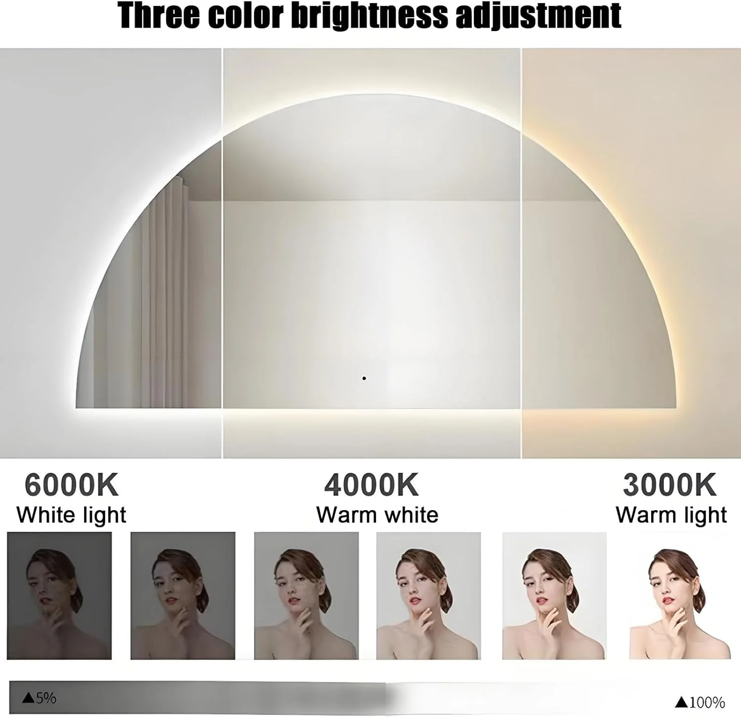 آینه حمام نیمه ماه YVYKFZD، آینه دیواری ضد بخار هوشمند، آینه آرایشی LED کم نور شونده 3 رنگ، آینه تزئینی بدون قاب نیم دایره، کلید لمسی (برش راست، 50x100 سانتی متر / 19.6"x39.3")