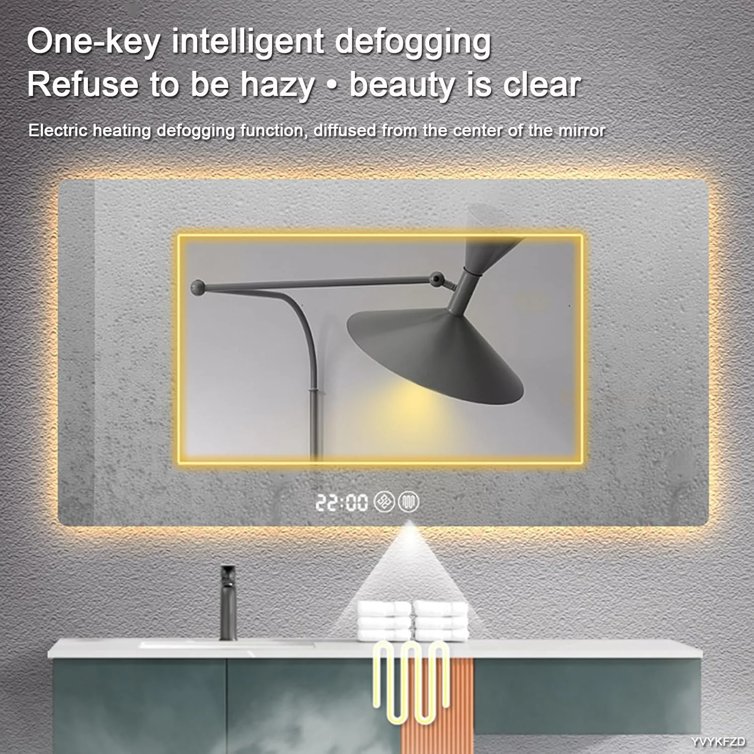 آینه حمام LED مدل YVYKFZD، آینه دیواری بزرگ مستطیلی، آینه روشویی حمام گوشه گرد آویز با عملکرد ضد مه، نمایش زمان، 3 رنگ قابل تنظیم (رنگ: افقی B، سایز