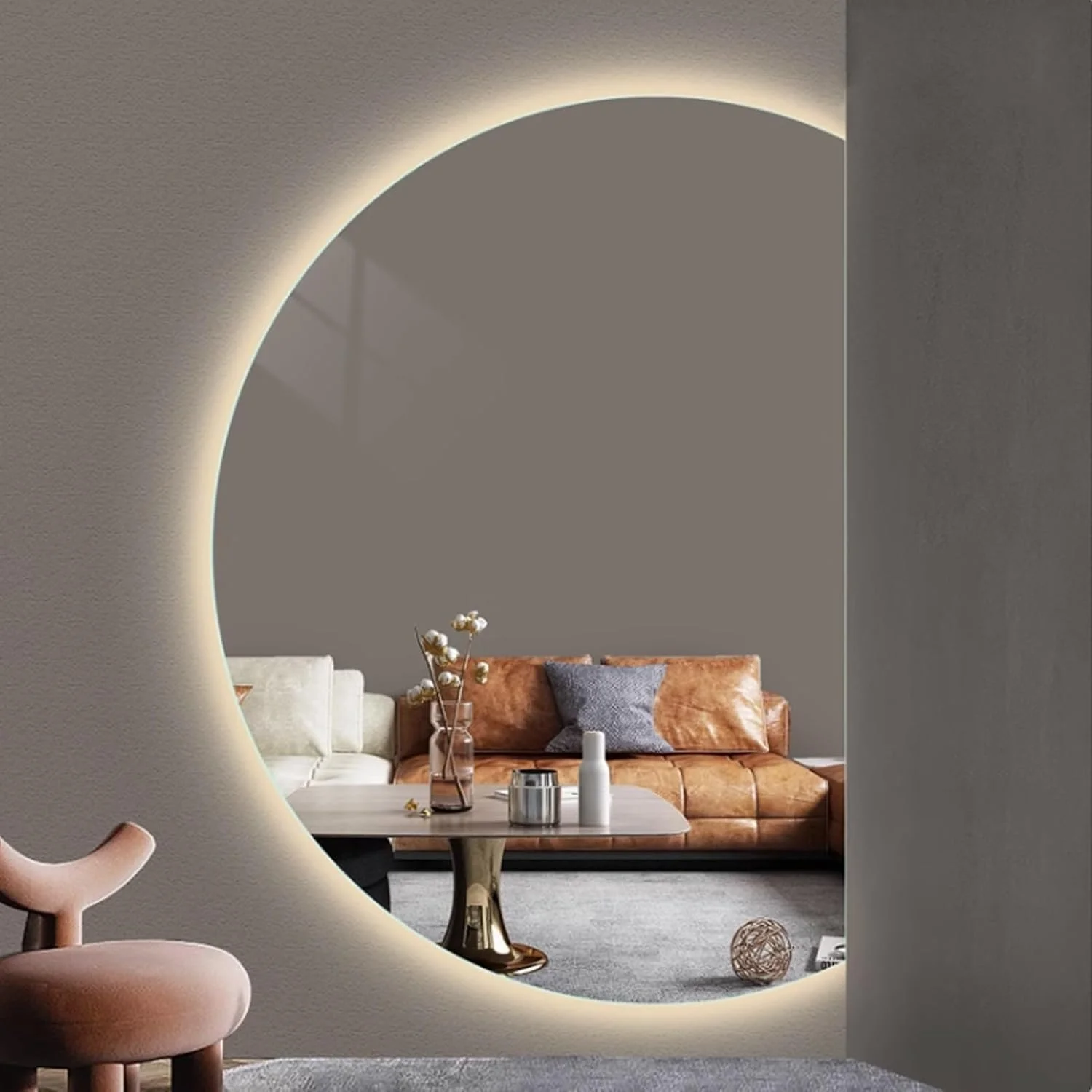 آینه حمام نیمه ماه بزرگ YVYKFZD، آینه دیواری LED هوشمند، آینه ضد مه روشویی، آینه تزئینی بدون قاب با نور پس زمینه، 3 رنگ قابل تنظیم با کلید لمسی (برش راست، 100x70 سانتی متر / 39.4"x27.6")