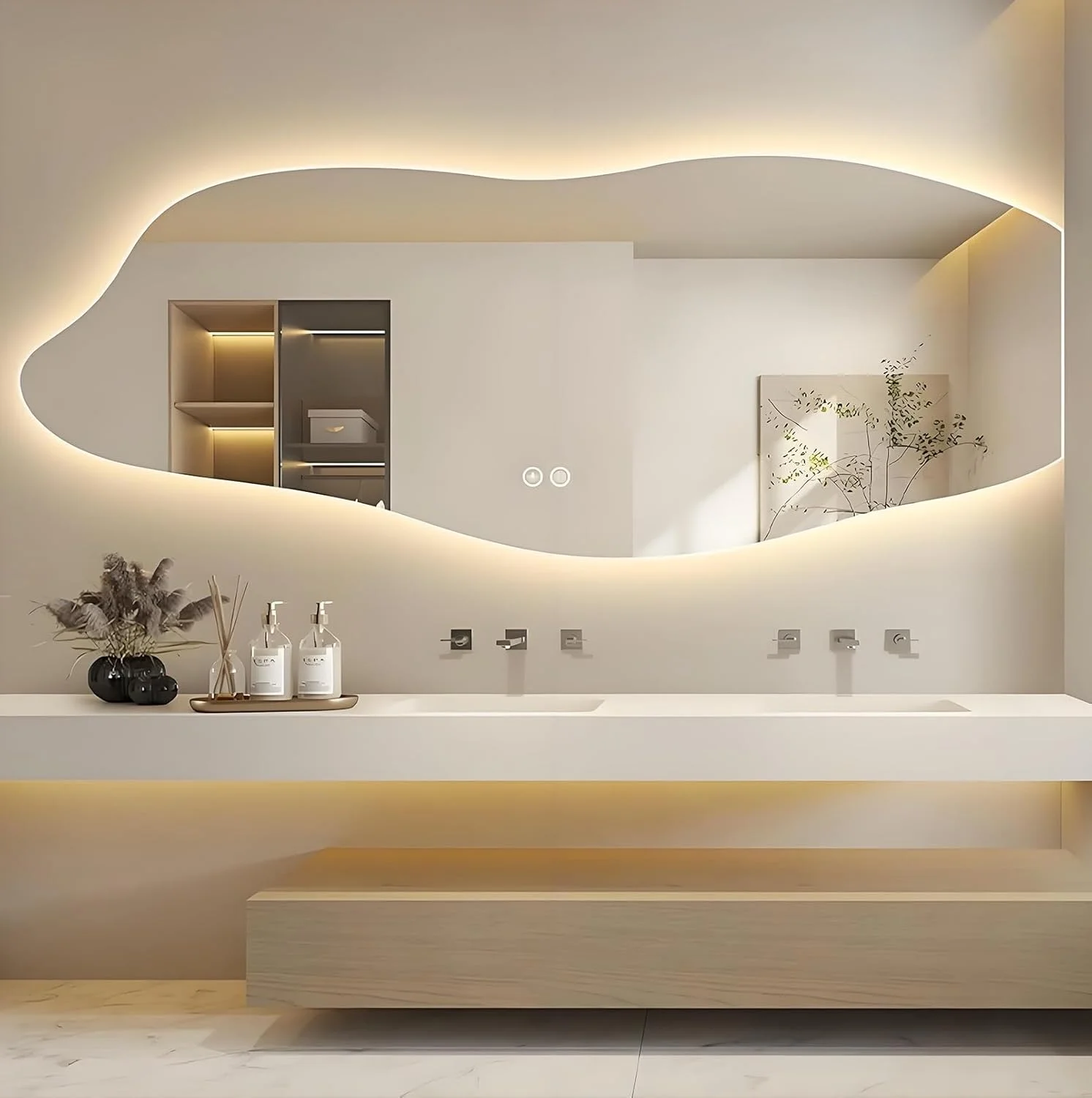 آینه حمام نامتقارن YVYKFZD، آینه دیواری LED نامنظم، آینه روشویی هوشمند نورانی، آینه تزئینی ضد مه با نور پس زمینه، کلید لمسی (برش راست، 100x60 سانتی متر / 39.3"x23.6")