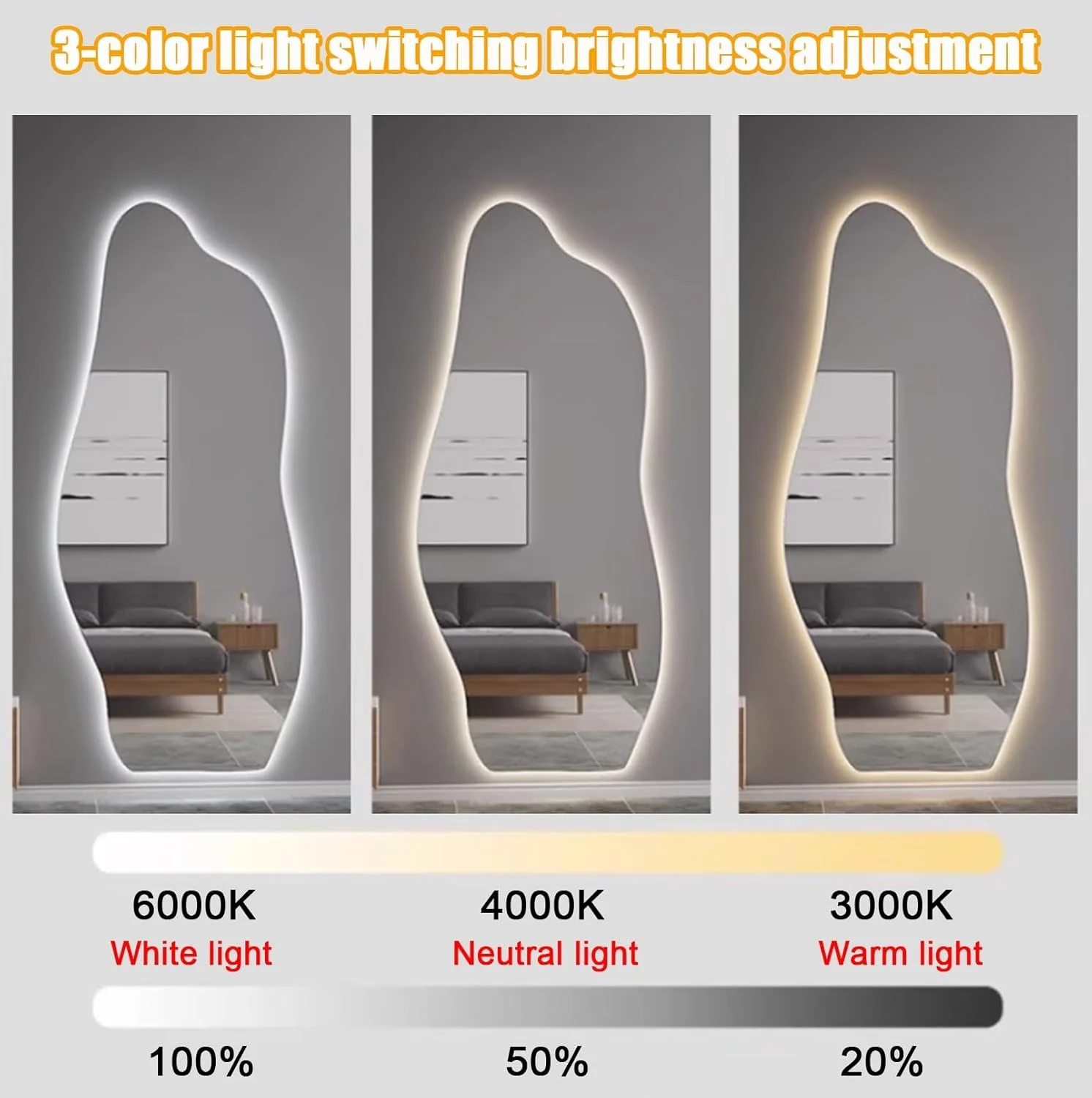 آینه حمام نامتقارن YVYKFZD، آینه دیواری LED نامنظم، آینه روشویی هوشمند نورانی، آینه تزئینی ضد مه با نور پس زمینه، کلید لمسی (برش راست، 100x60 سانتی متر / 39.3"x23.6")