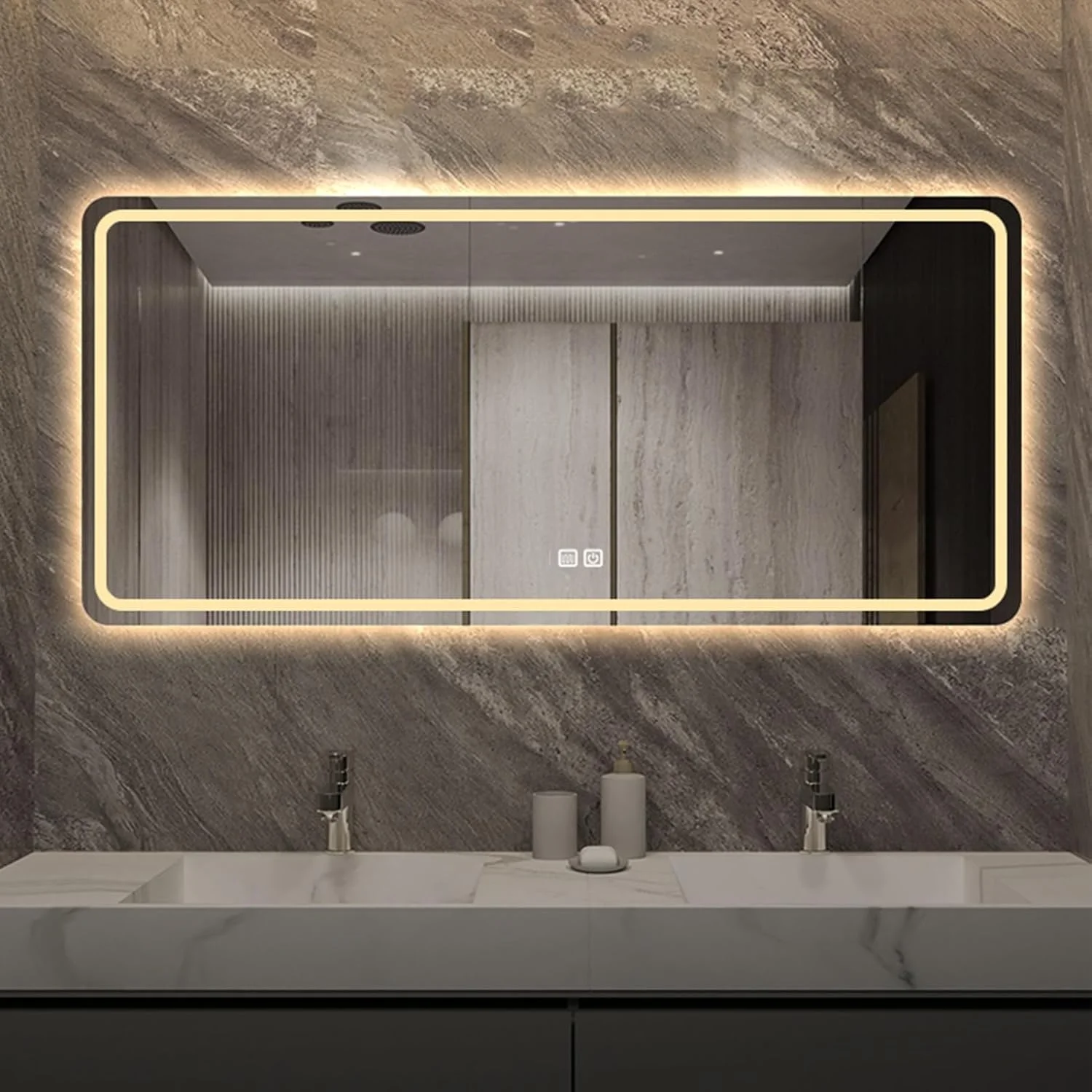 آینه حمام نورانی YUZES، آینه دیواری ضد مه، آینه آرایشی ضد انفجار با نور سه رنگ قابل تنظیم برای حمام، اتاق خواب، اتاق نشیمن، راهرو، ورودی (رنگ: B، اندازه: 50x70 سانتی متر / "19.6x27.5")