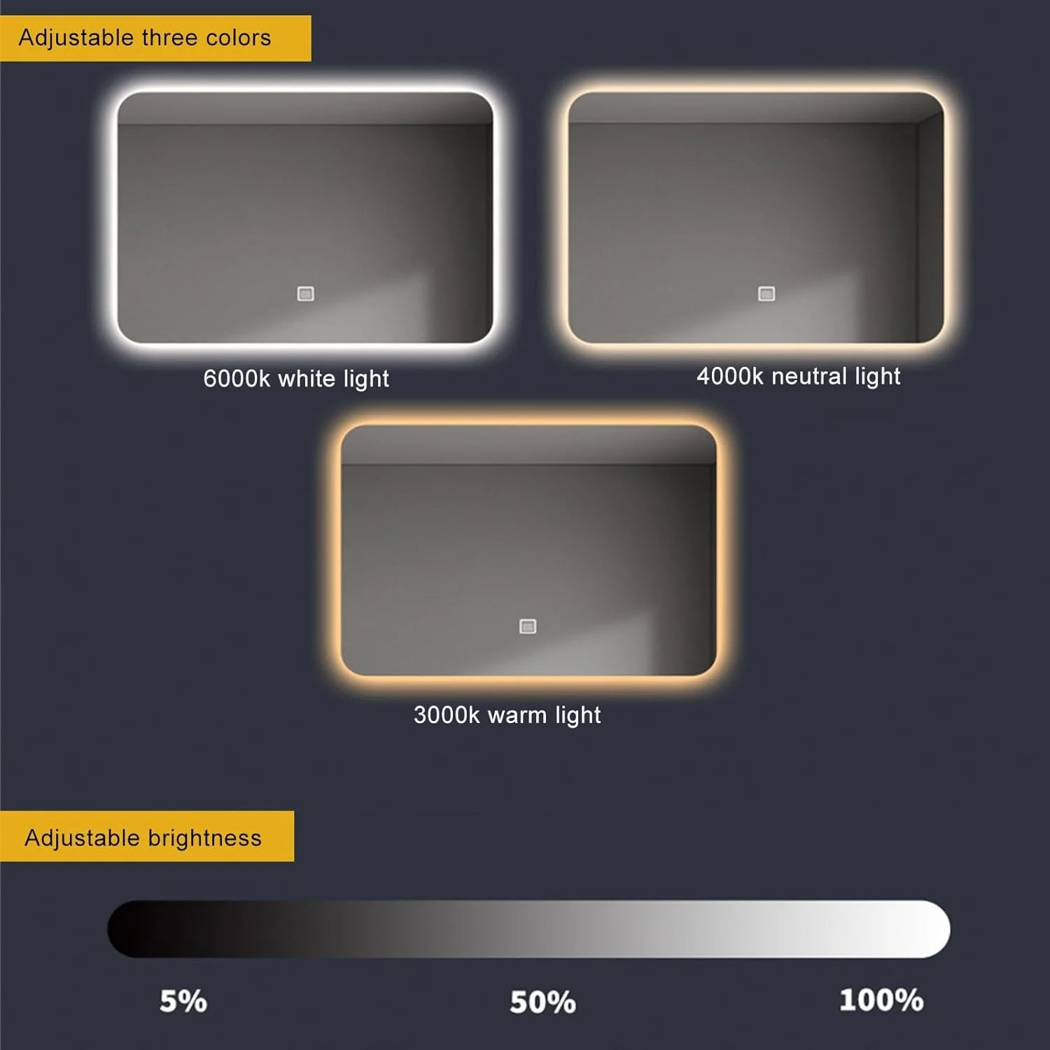 آینه حمام نورانی YUZES، آینه دیواری ضد مه، آینه آرایشی ضد انفجار با نور سه رنگ قابل تنظیم برای حمام، اتاق خواب، اتاق نشیمن، راهرو، ورودی (رنگ: B، اندازه: 50x70 سانتی متر / "19.6x27.5")