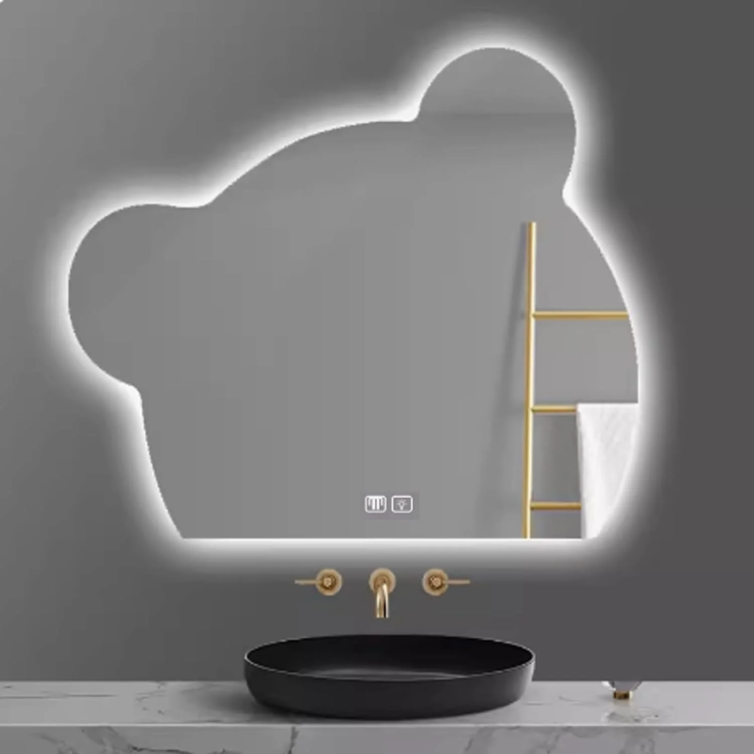 آینه خرسی YUGXTH با چراغ برای دکور آینه دیواری، آینه حمام دیواری نورانی با ضد بخار، نور LED سه رنگ قابل تنظیم، هدیه تولد برای دختران و بانوان (اندازه: 60x76 سانتی متر)