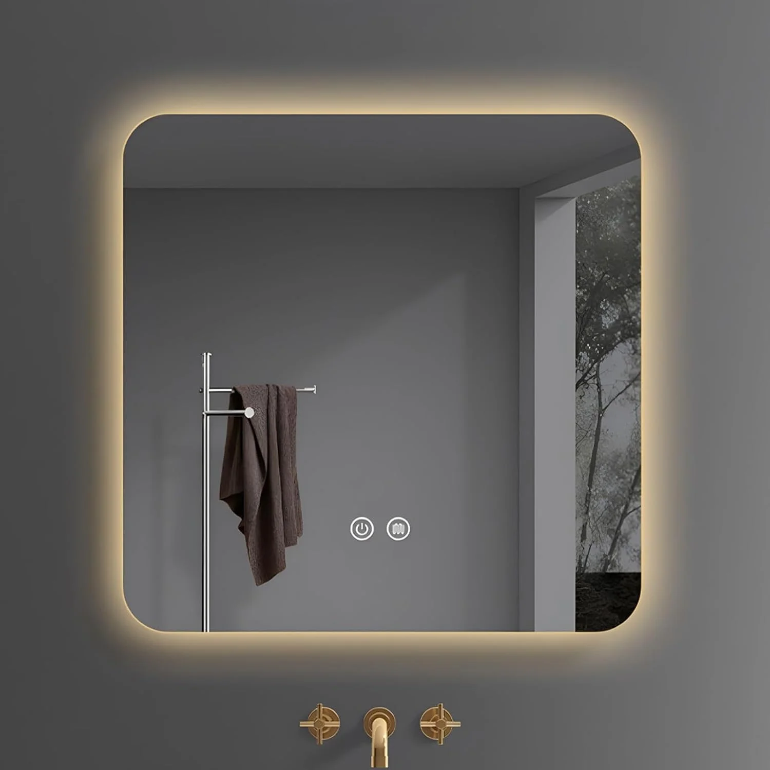 آینه حمام نورانی YUGXTH با چراغ های LED، آینه روشویی ضد بخار دیواری، آینه تزئینی، لمس دوتایی، نور LED سه رنگ قابل تنظیم (رنگ: B، اندازه: 70 * 70 سانتی متر)