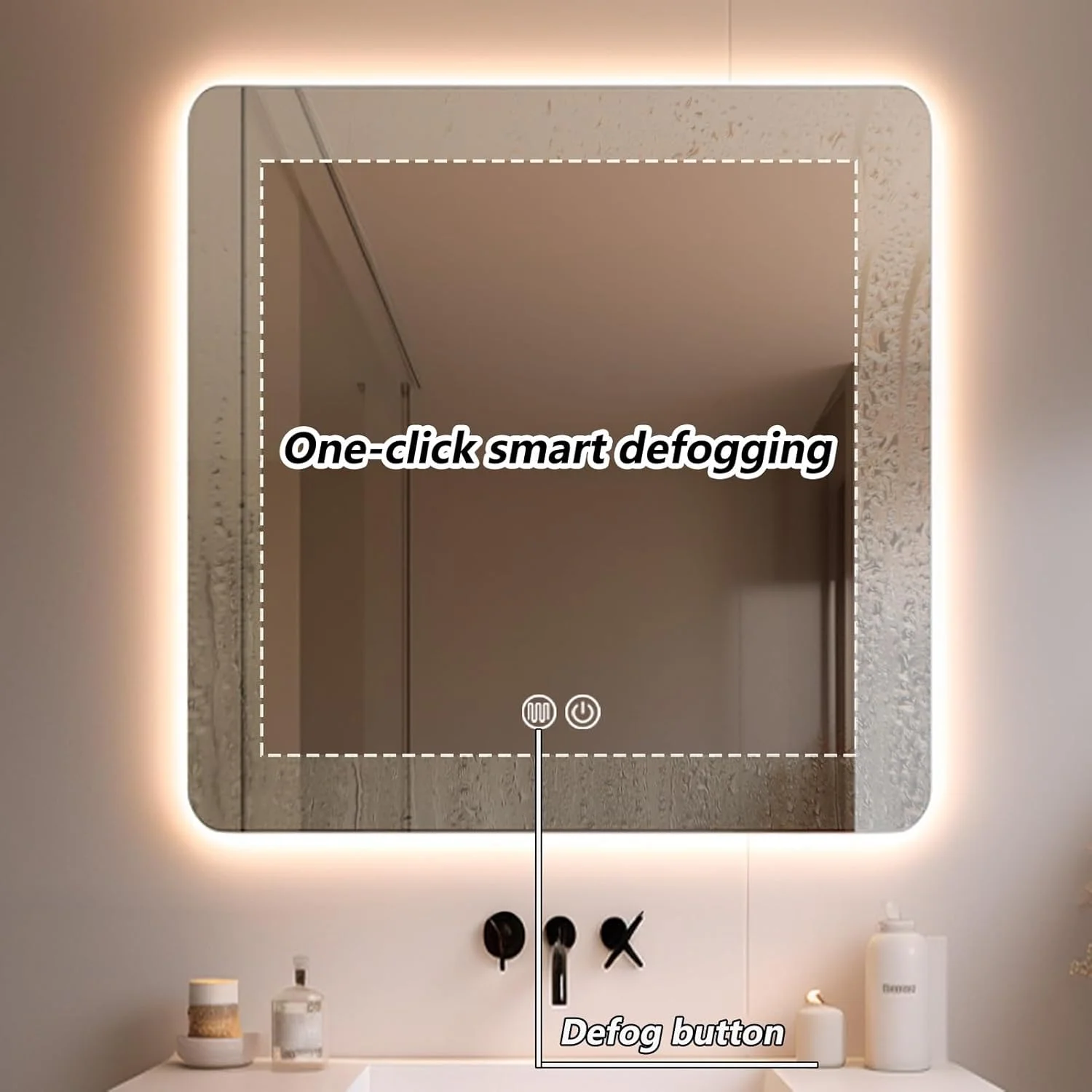 آینه حمام نورانی YUGXTH با چراغ های LED، آینه روشویی ضد بخار دیواری، آینه تزئینی، لمس دوتایی، نور LED سه رنگ قابل تنظیم (رنگ: B، اندازه: 70 * 70 سانتی متر)