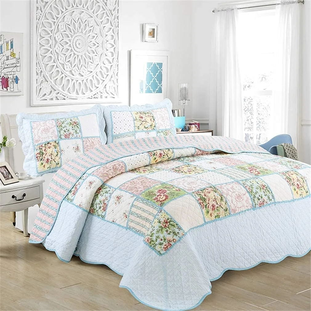 روتختی تکه دوزی شده طرح دار، ست روتختی سه تکه، آبی، دو رو، طرح گلدار، ست لحاف سبک شامل لحاف و 2 روبالشتی