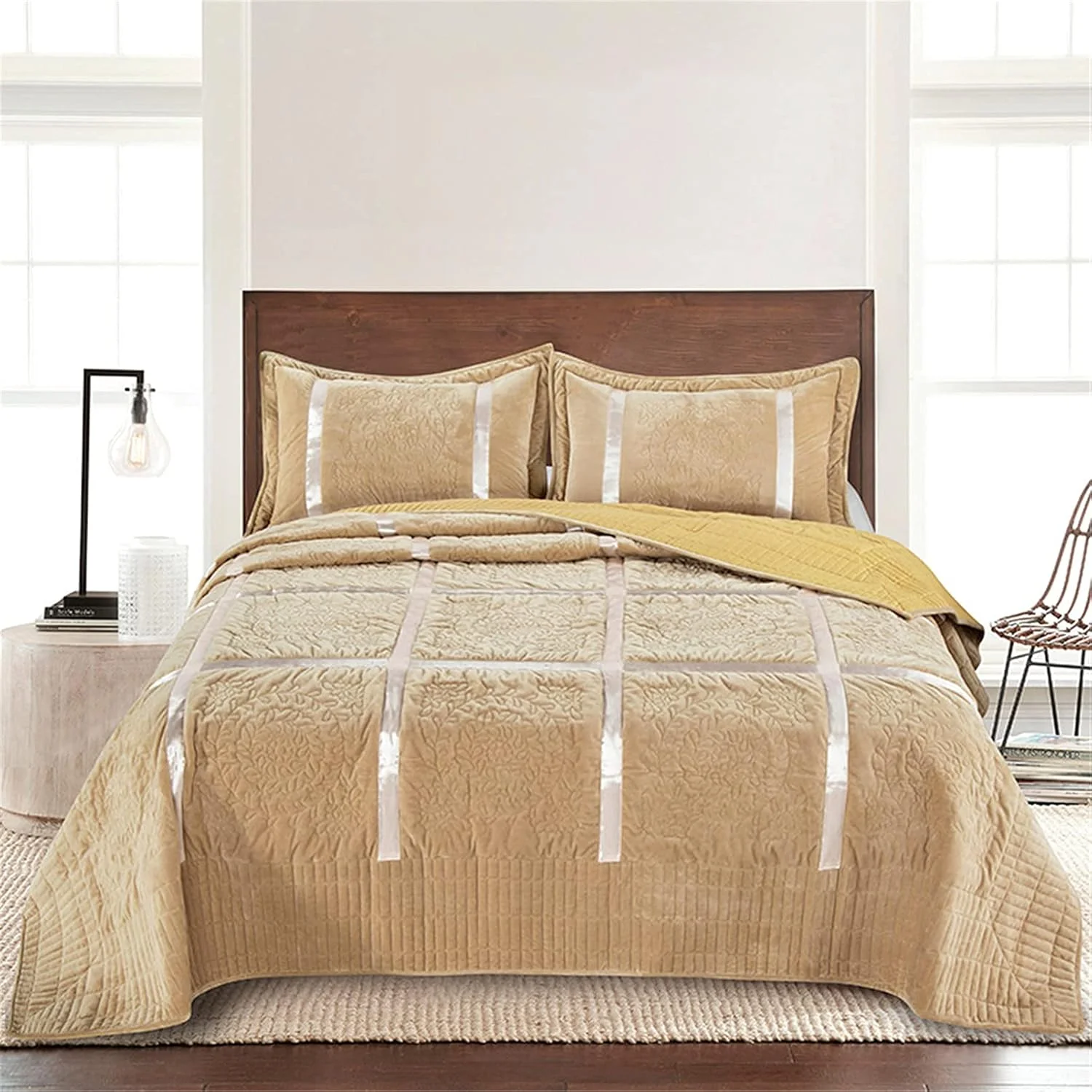 روتختی تکه دوزی قهوه ای پنبه ای دو رو، روانداز لحافی برای دکور اتاق خواب - لحاف برجسته گرم، روکش لحاف، پتو، روتختی دو نفره با روبالشی، 224 * 234 سانتی متر، -270 * 234 سانتی متر