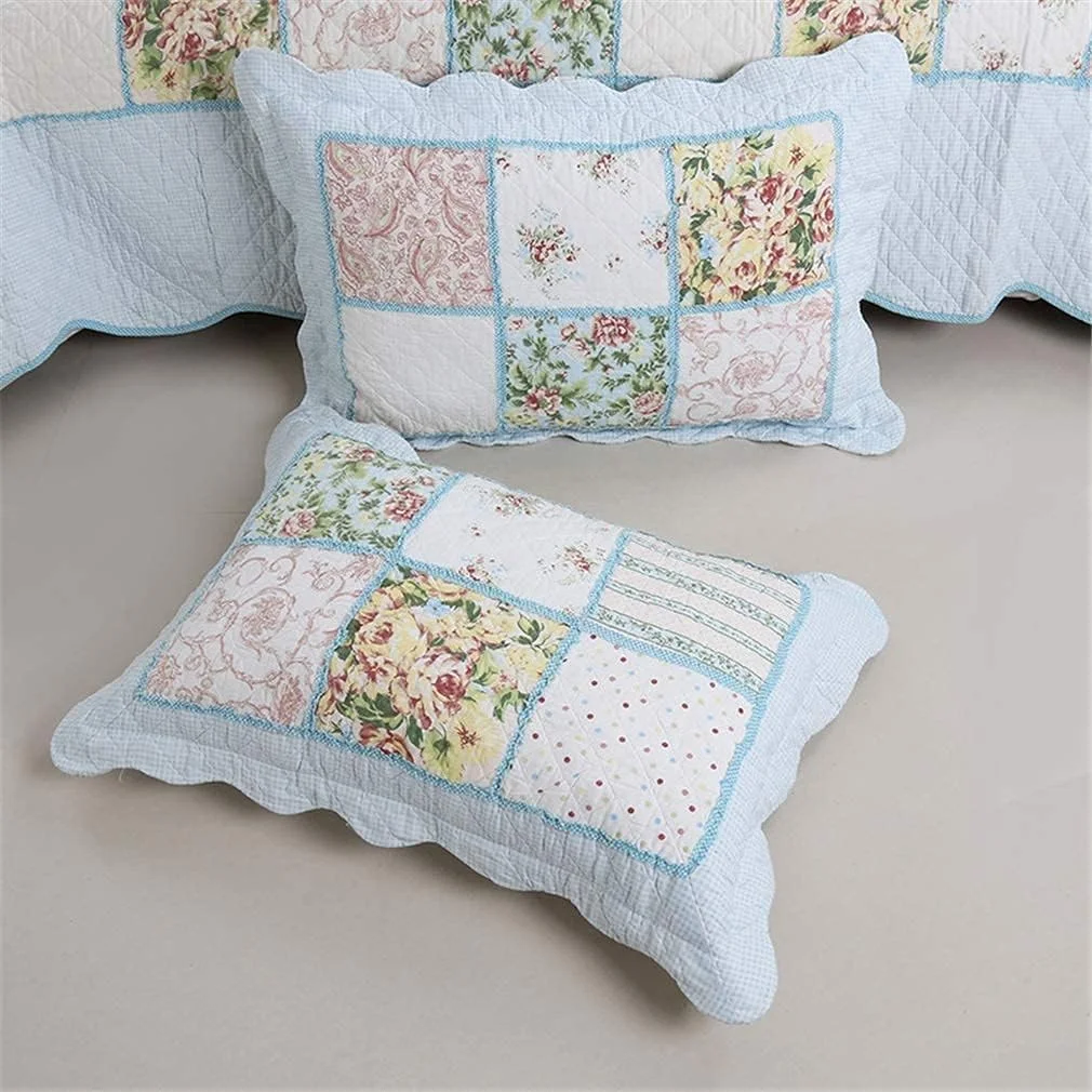 روتختی تکه دوزی شده طرح دار، ست روتختی سه تکه، آبی، دو رو، طرح گلدار، ست لحاف سبک شامل لحاف و 2 روبالشتی