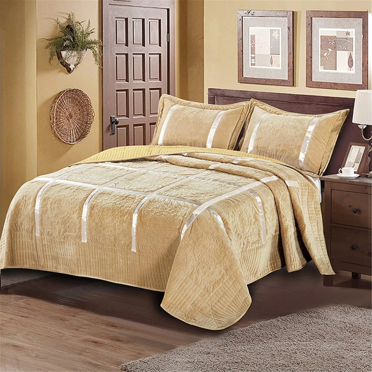 روتختی تکه دوزی قهوه ای پنبه ای دو رو، روانداز لحافی برای دکور اتاق خواب - لحاف برجسته گرم، روکش لحاف، پتو، روتختی دو نفره با روبالشی، 224 * 234 سانتی متر، -270 * 234 سانتی متر