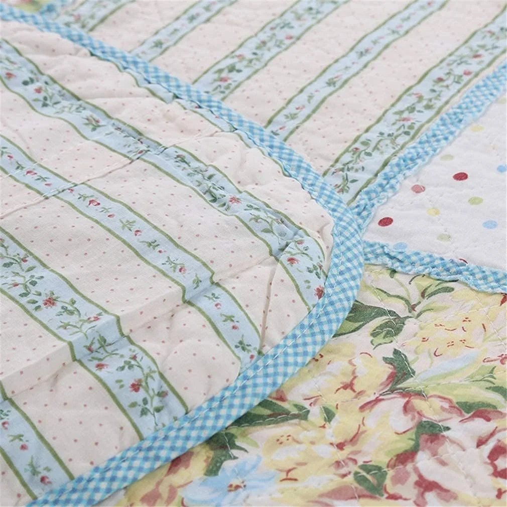 روتختی تکه دوزی شده طرح دار، ست روتختی سه تکه، آبی، دو رو، طرح گلدار، ست لحاف سبک شامل لحاف و 2 روبالشتی